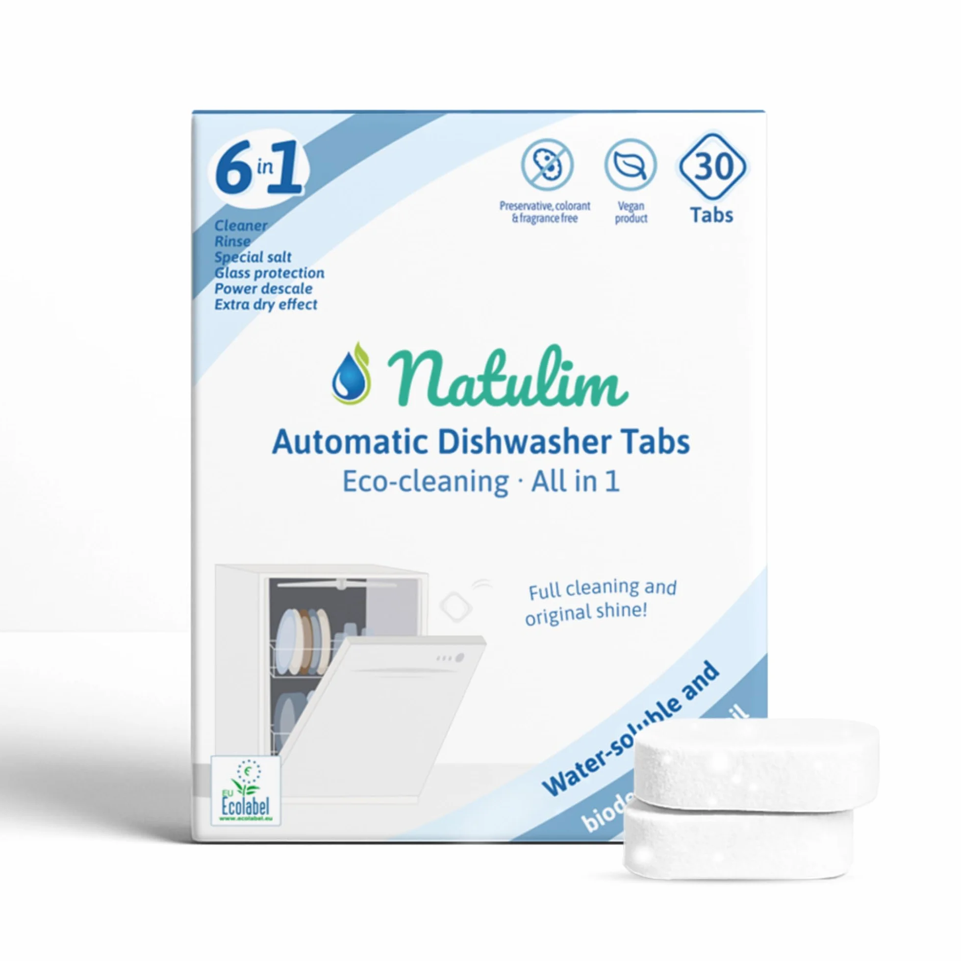 Natulim Biodegradowalne i rozpuszczalne w wodzie tabletki do zmywarek 6 w 1 (30 tabletek), głębokie czyszczenie, środek do płukania, dodatkowy efekt suszenia, wyprodukowano w Europie