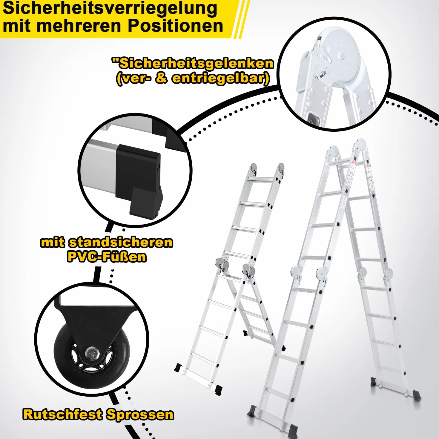 Herrselsam Wielofunkcyjna drabina 4 x 4, 7 w 1, 470 cm, aluminiowa, z 2 platformami i kółkami, maksymalne obciążenie 150 kg, drabina wielofunkcyjna 16 szczebli (DY8972-M-1x)