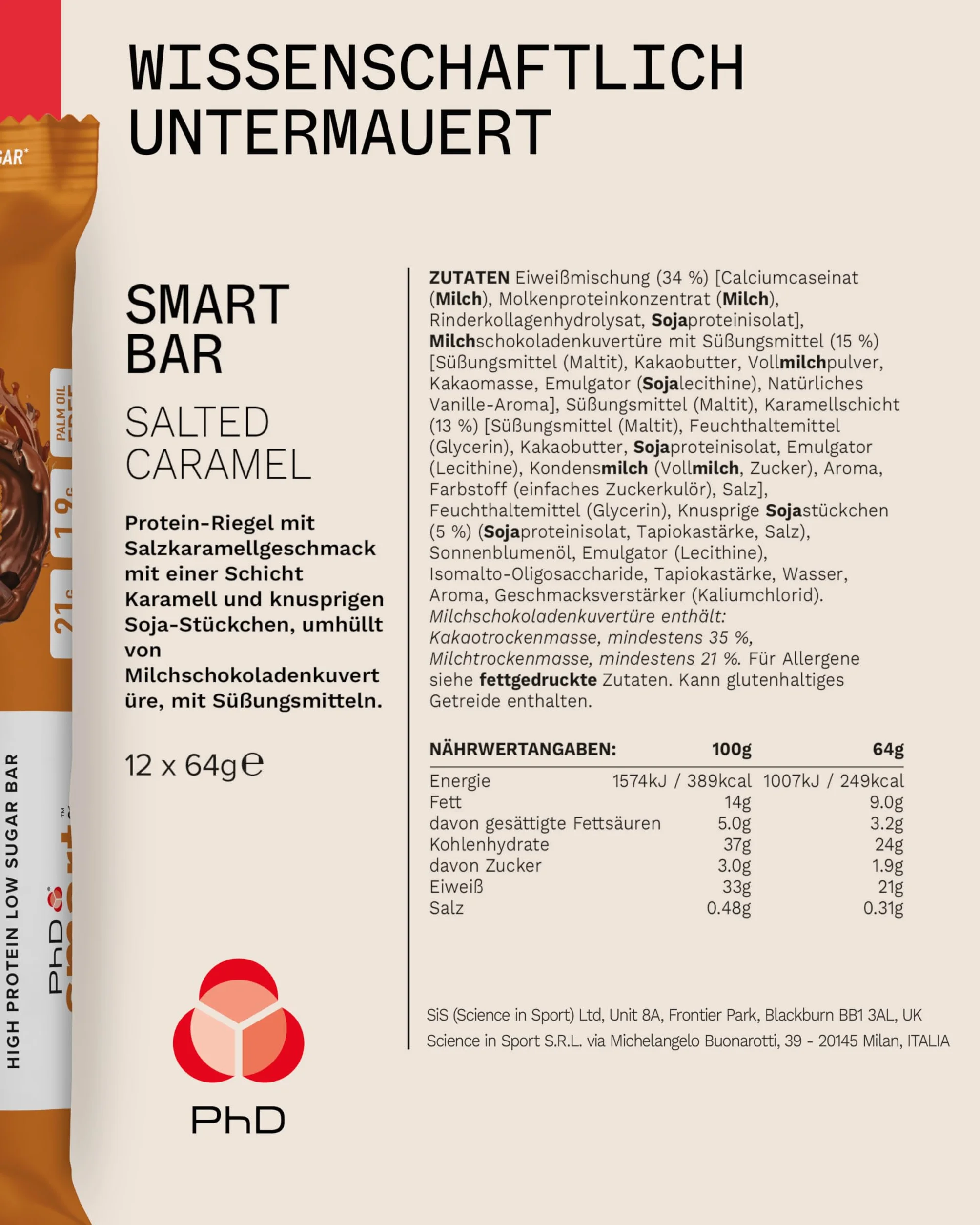 PhD Nutrition Smart Plant Bar niskokaloryczny, wysokobiałkowy, niskocukrowy wegański baton proteinowy/przekąski proteinowe, smak solonego karmelu, 20 g białka roślinnego, baton 64 g (12 sztuk)