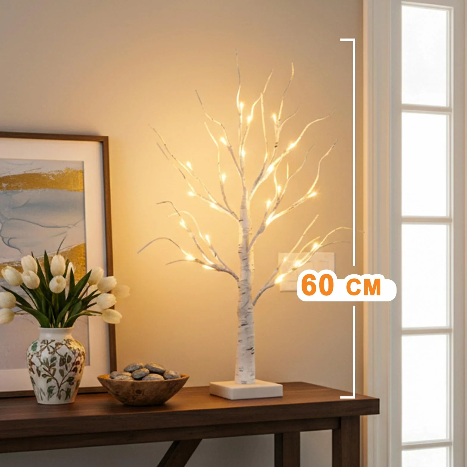 EAMBRITE Zestaw 2 gałązek świetlnych do wnętrz, 24 diody LED, ciepła biel, brzoza, gałązki dekoracyjne, zasilanie bateryjne, dekoracja bożonarodzeniowa do domu, na imprezę, urodziny, wesele, dekoracja