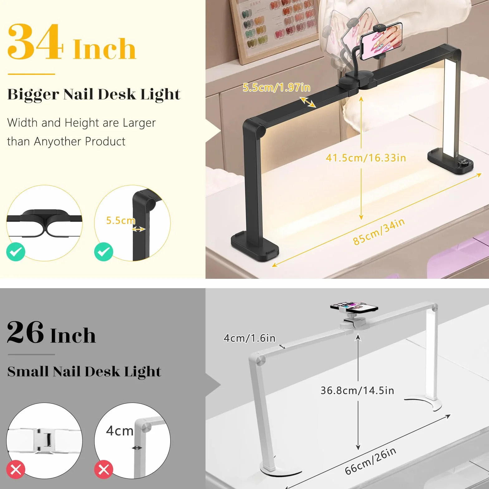 Lampa do paznokci w kształcie półksiężyca, 34", stolik do paznokci, półksiężyc, z uchwytem na telefon, 3 tryby kolorów i 10 regulowanych poziomów jasności rzęs, tatuażu, czarna