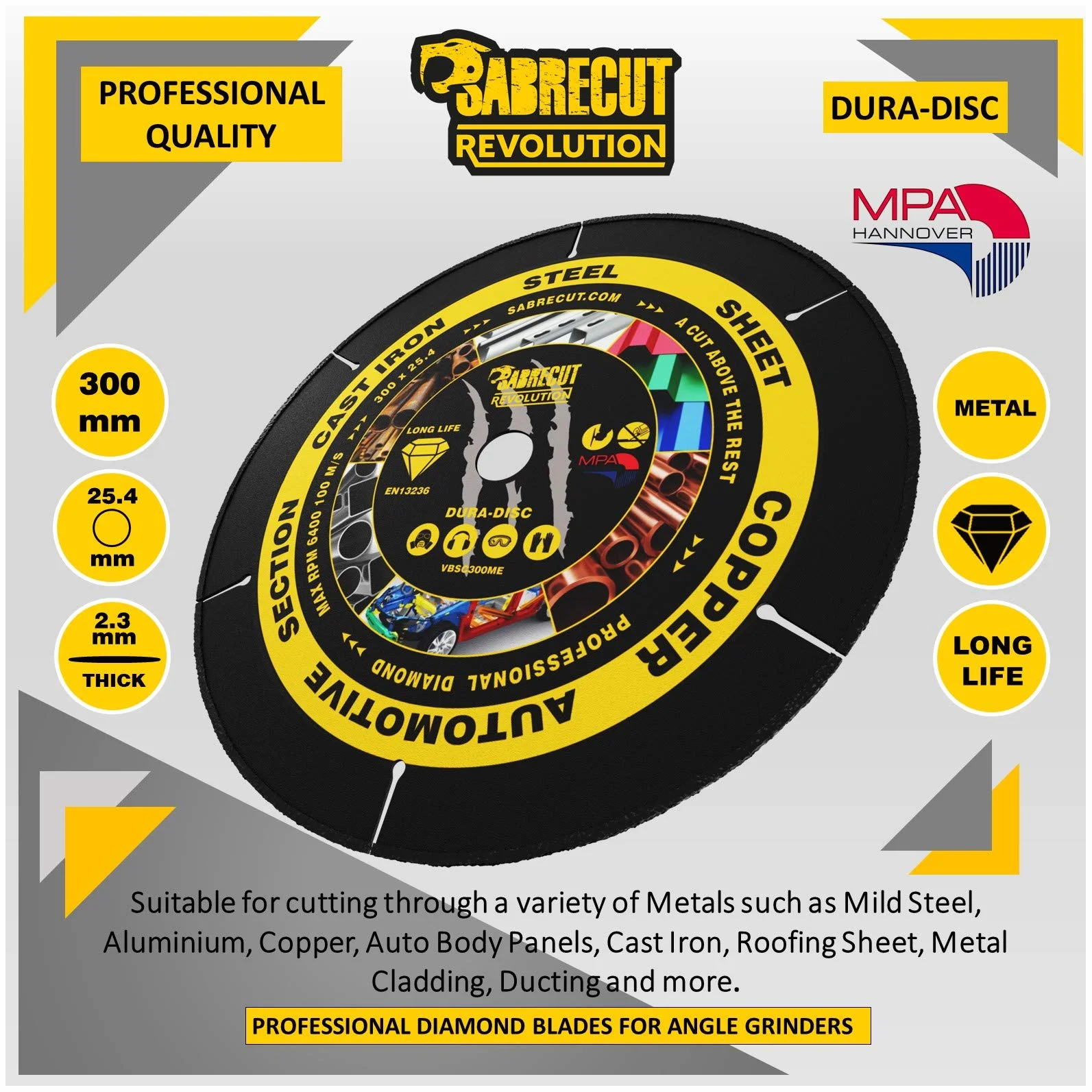 SabreCut 1pc VBSC300ME 300mm 22.23mm Otwór Metal Tarcza pilarska TCT | Industrial-grade vacuum-brazed diamond zapewnia trwały cięcie na sucho through ferrous i non-ferrous metals