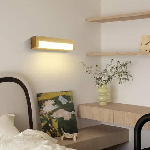 Lampy ścienne LED do sypialni, ze stałym okablowaniem, imitacja drewna wykończenie, 3 tryby kolorów, oświetlenie sypialni, salonu i lustra, metalowa lampa ścienna