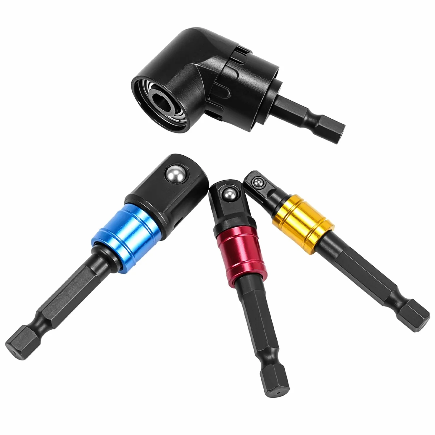 QWORK® Adapter do wkrętaka kątowego 105°, zestaw adapterów do gniazda udarowego, z 3-częściowym adapterem nasadowym 1/10.2 cm 3/20.3 cm 1/5.1 cm, czarny