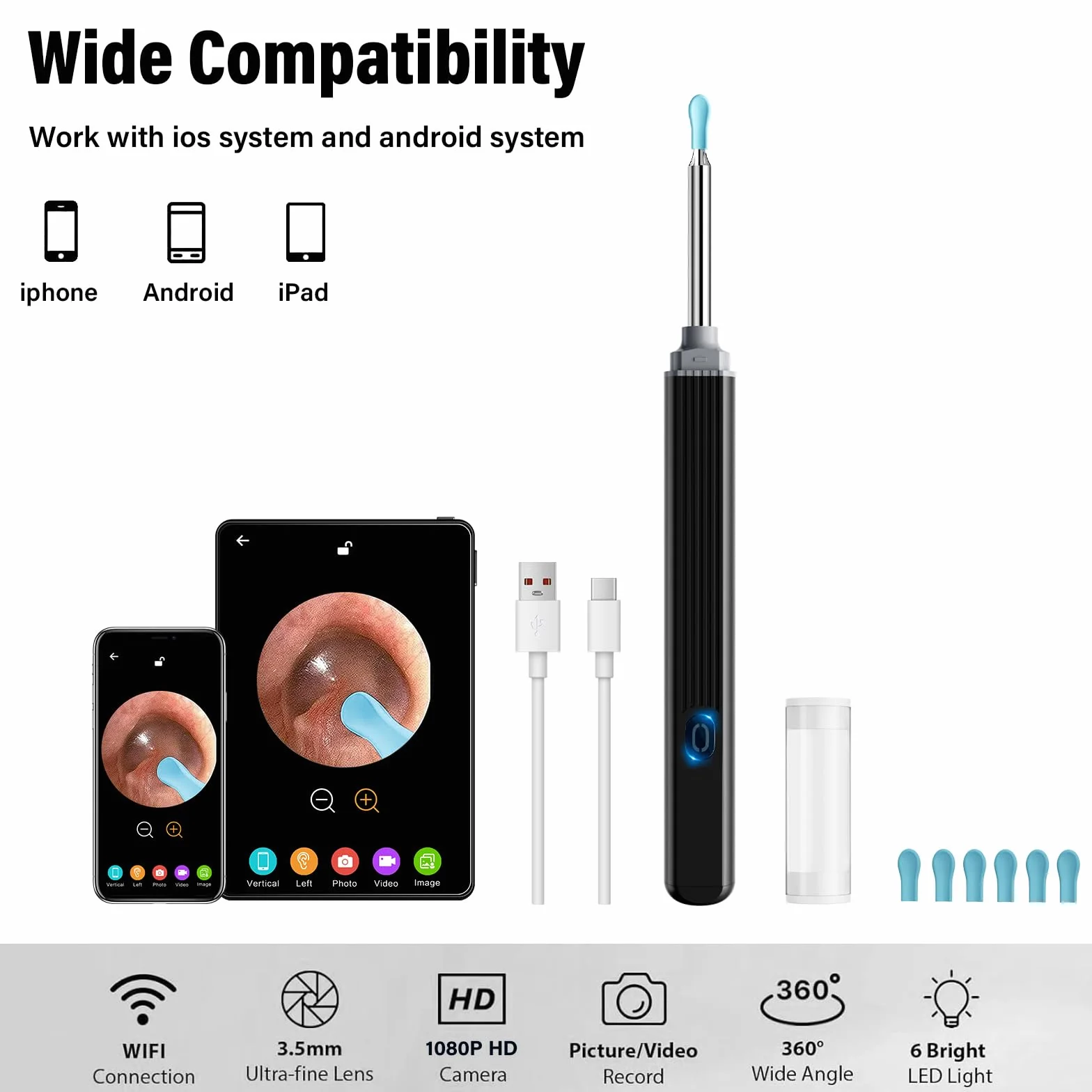 Otoskop do usuwania woskowiny, 1080p, urządzenie do czyszczenia uszu z kamerą, WiFi z kamerą, wodoszczelność IP67, kamera do uszu z 6 diodami LED – otoskop, do iPhone'a, Android, iPada, czarny