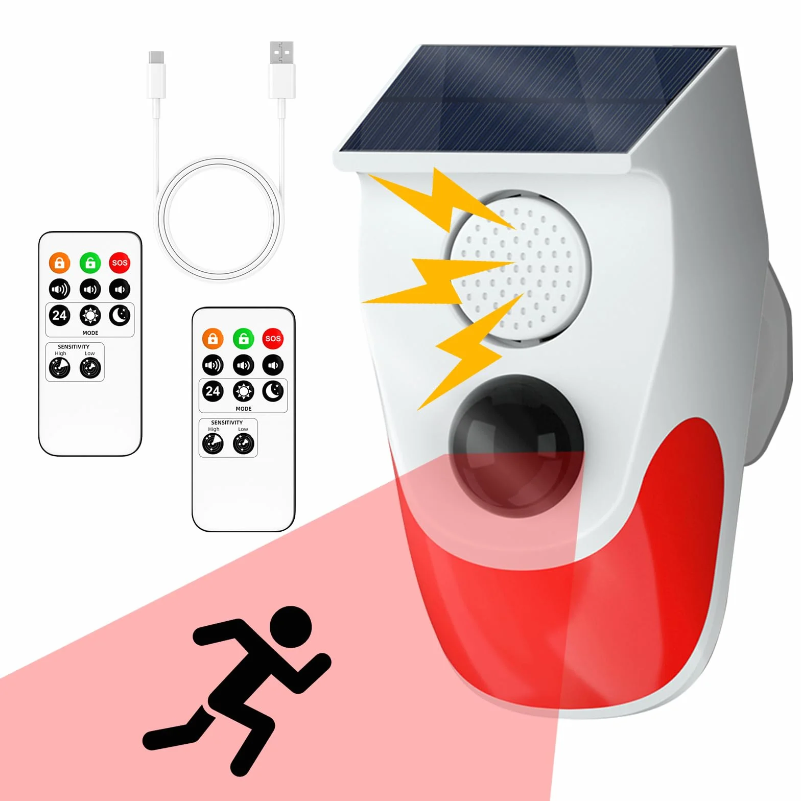 Cuteefun Alarm solarny z czujnikiem ruchu 120 dB 3 tryby pracy bezprzewodowy