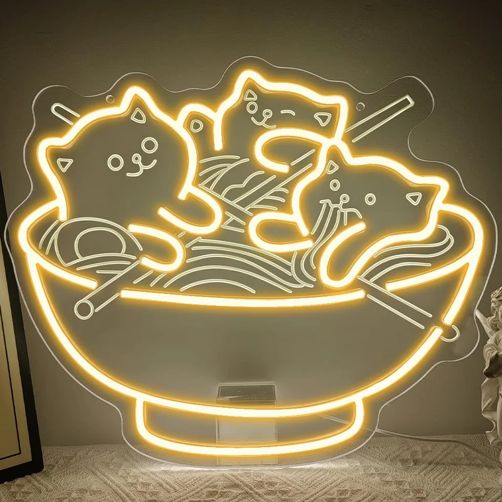 Światła LED z motywem kota, ramen, kawaii, anime, podświetlany znak do restauracji, domu, baru, kuchni, sypialni, japońskiego sklepu, makaronu, ściemniany, neonowy, prezent dla miłośników kotów