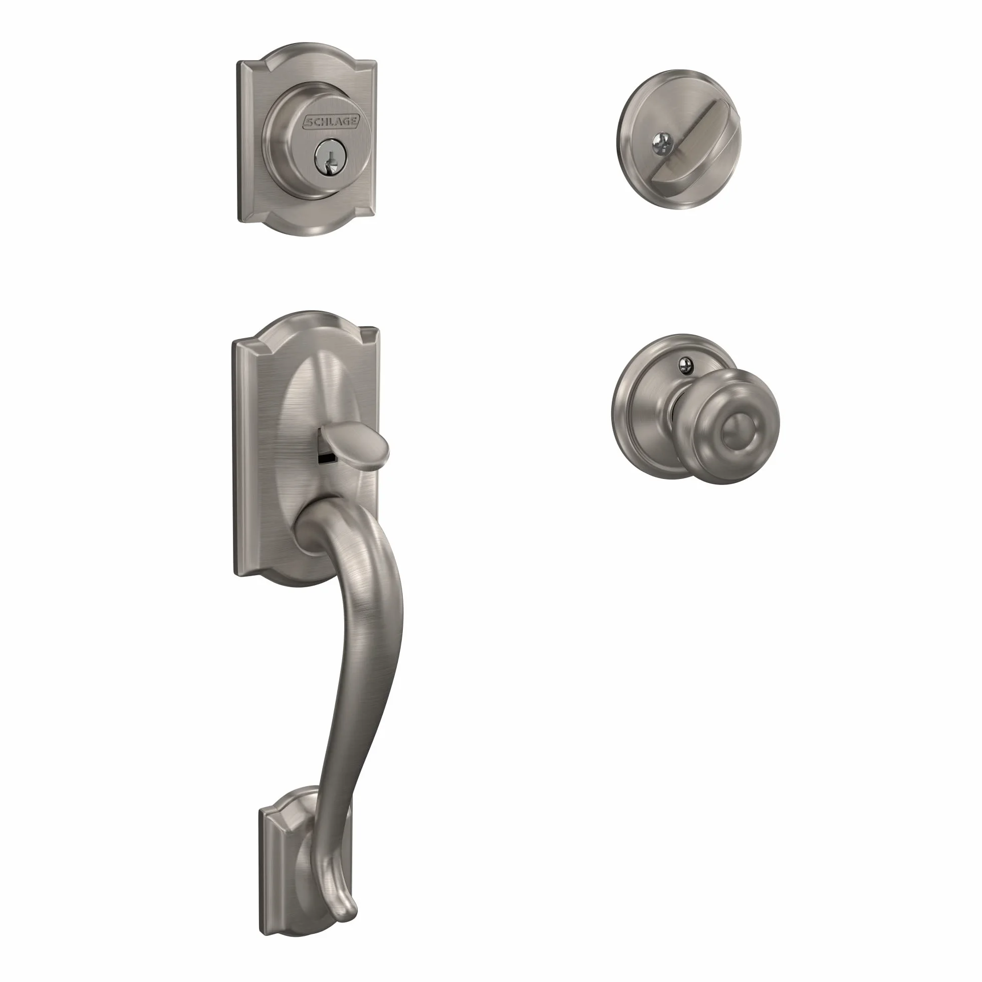 Schlage F60 V CAM 619 GEO Camelot przedni zestaw klamek wejściowych z gruzińską gałką, zasuwa z 1 stroną, satynowy nikiel
