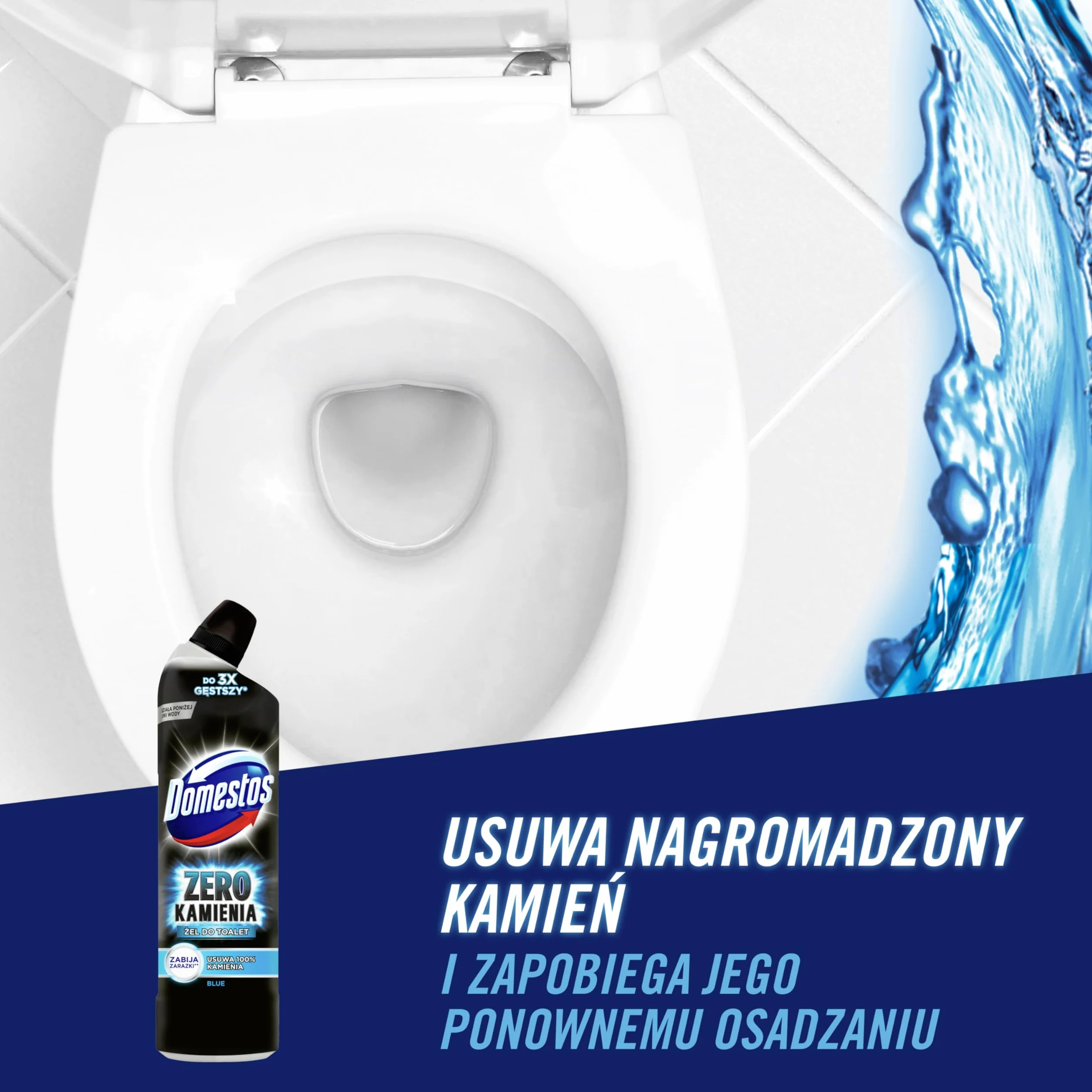 Domestos Zero Kamienia Blue Płyn do czyszczenia toalet do łazienki, odkamieniacz działający poniżej i powyżej linii wody - 750 ml