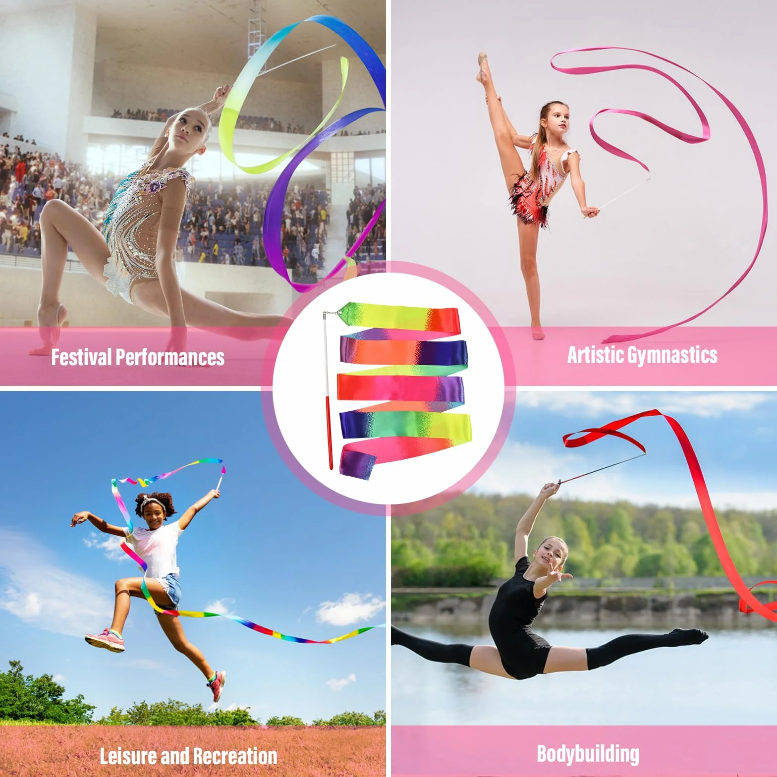 6 sztuk taśm gimnastycznych z prętem, 2 m, dla dzieci, do tańca, rytmicznej gimnastyki sportowej, taśmy do tańca, dla dzieci i dorosłych, do tańca, gimnastyki