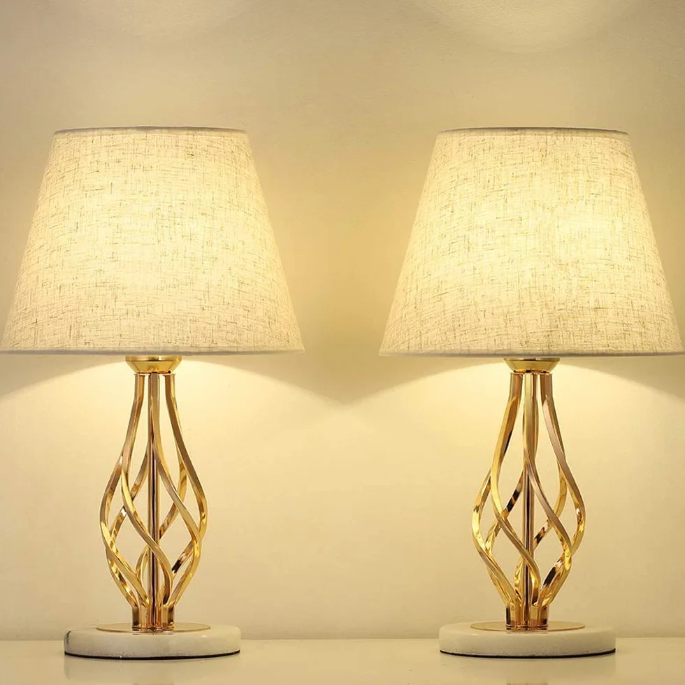 LIANTRAL Lampki nocne 2-częściowy zestaw nowoczesna lampa stołowa Marmurowa podstawa lniany klosz Złota ramka