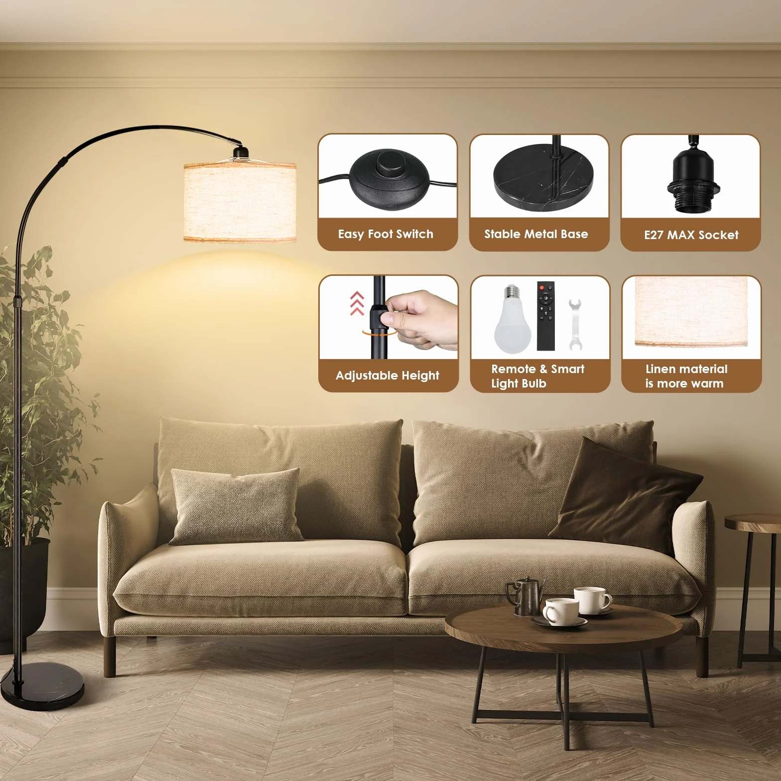 CCLIFE Stehlampe z możliwością ściemniania do salonu, lampa łukowa LED E27, lampa do czytania 60W 2700-6000K, przełącznik nożny, obracana o 360° głowica lampy, beżowa, z regulacją wysokości 165cm