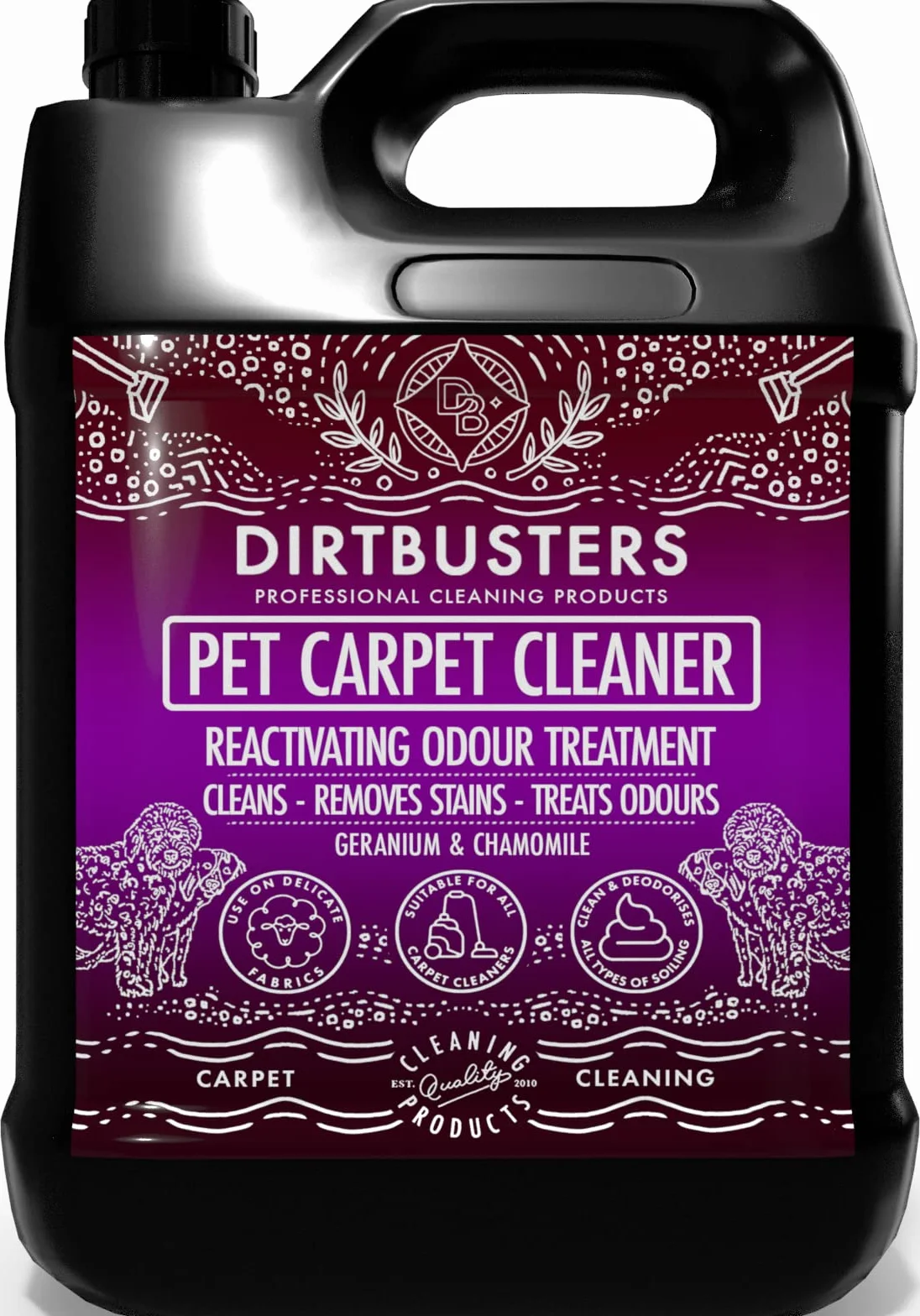 Dirtbusters Szampon do czyszczenia dywanów dla zwierząt domowych, roztwór czyszczący do usuwania zapachu, moczu i plam, geranium i rumianku (5 l)