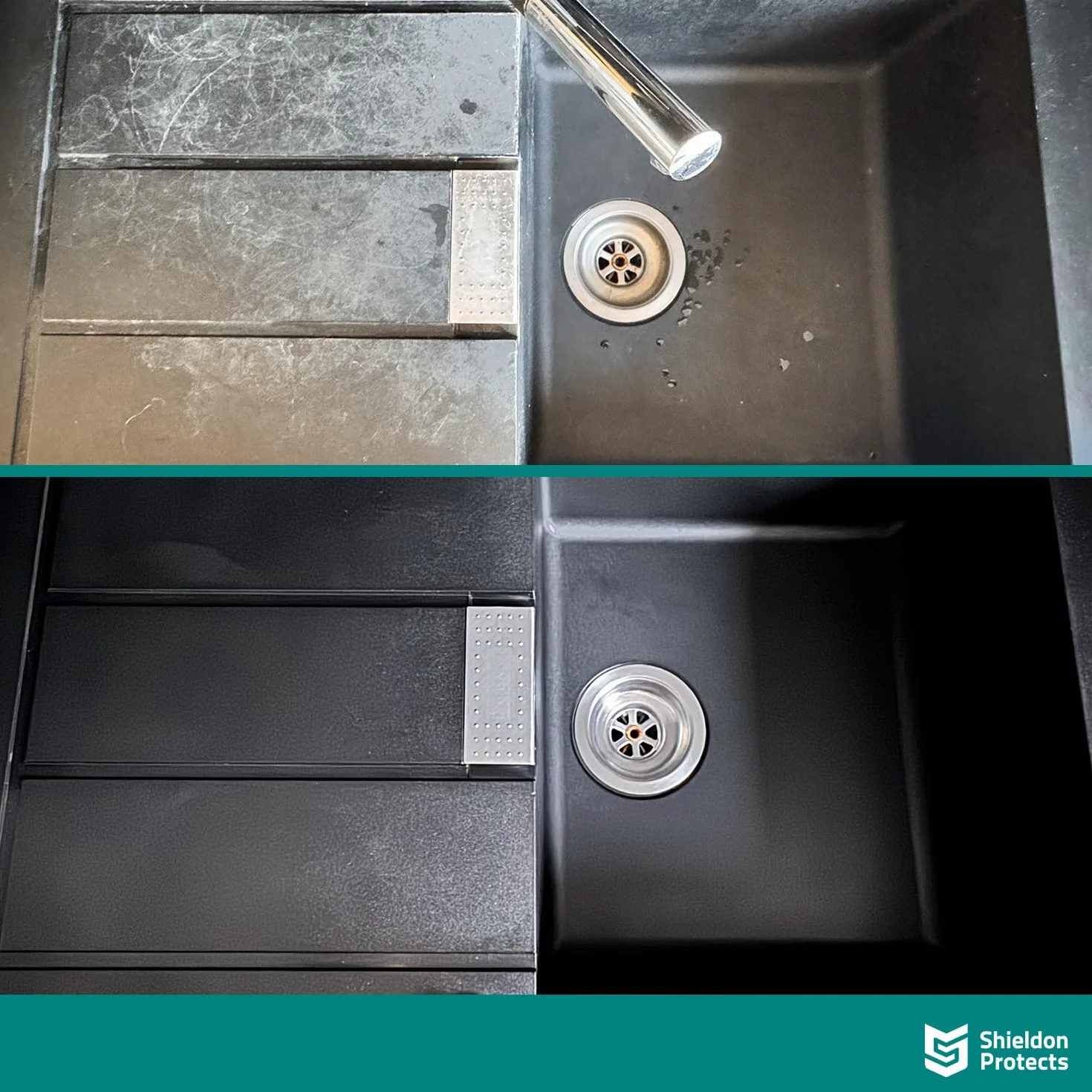 Shieldon Protects Sink Restorer - Zestaw do czyszczenia i renowacji zlewu granitowego, 3-etapowy system - silny środek do czyszczenia, odkamieniacz, impregnat + ściereczka z mikrofibry i 2 gąbki