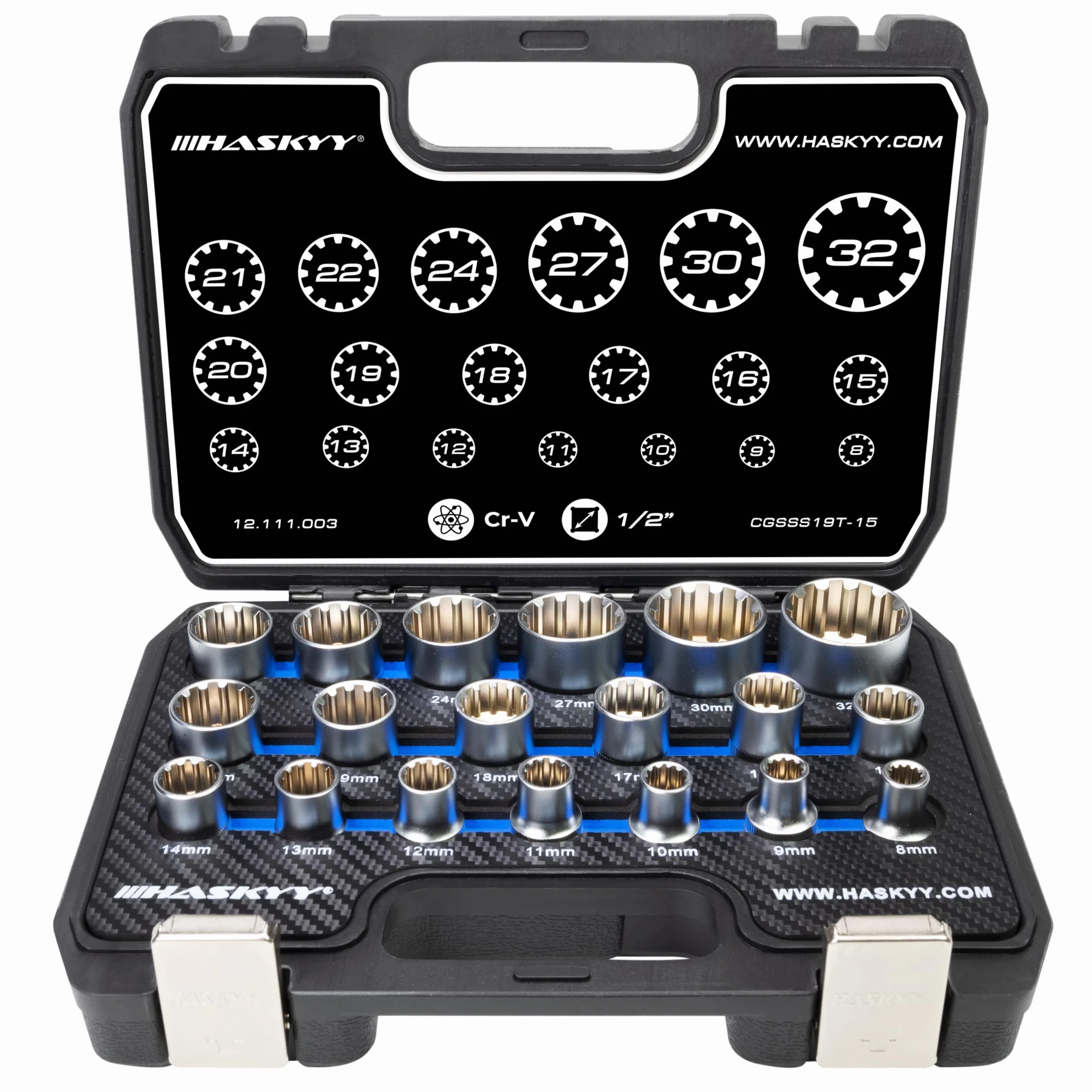 HASKYY Klucze nasadowe 1/2" Gear Lock 1/2" 8-32 calowy wielokątny nadruk Torx narzędzie zewnętrzne wewnętrzne nasadki zestaw 19 szt.