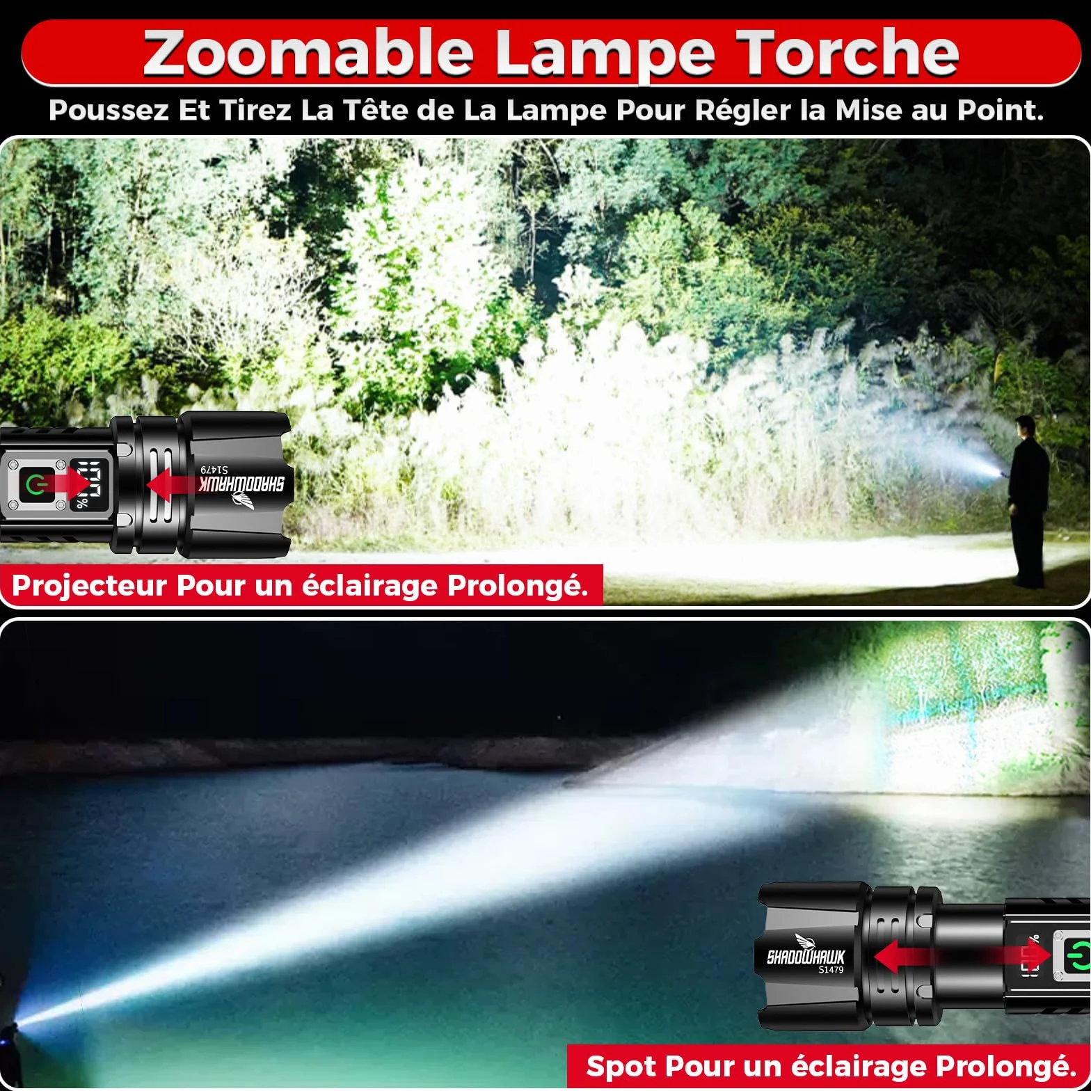Shadowhawk Latarka Led o dużej mocy 24 godziny, wojskowa latarka ładowalna 1000000 lumenów (bateria 2 x 5000 mAh), dalekiego zasięgu do biwakowania/wędrówek, z wyświetlaczem LCD