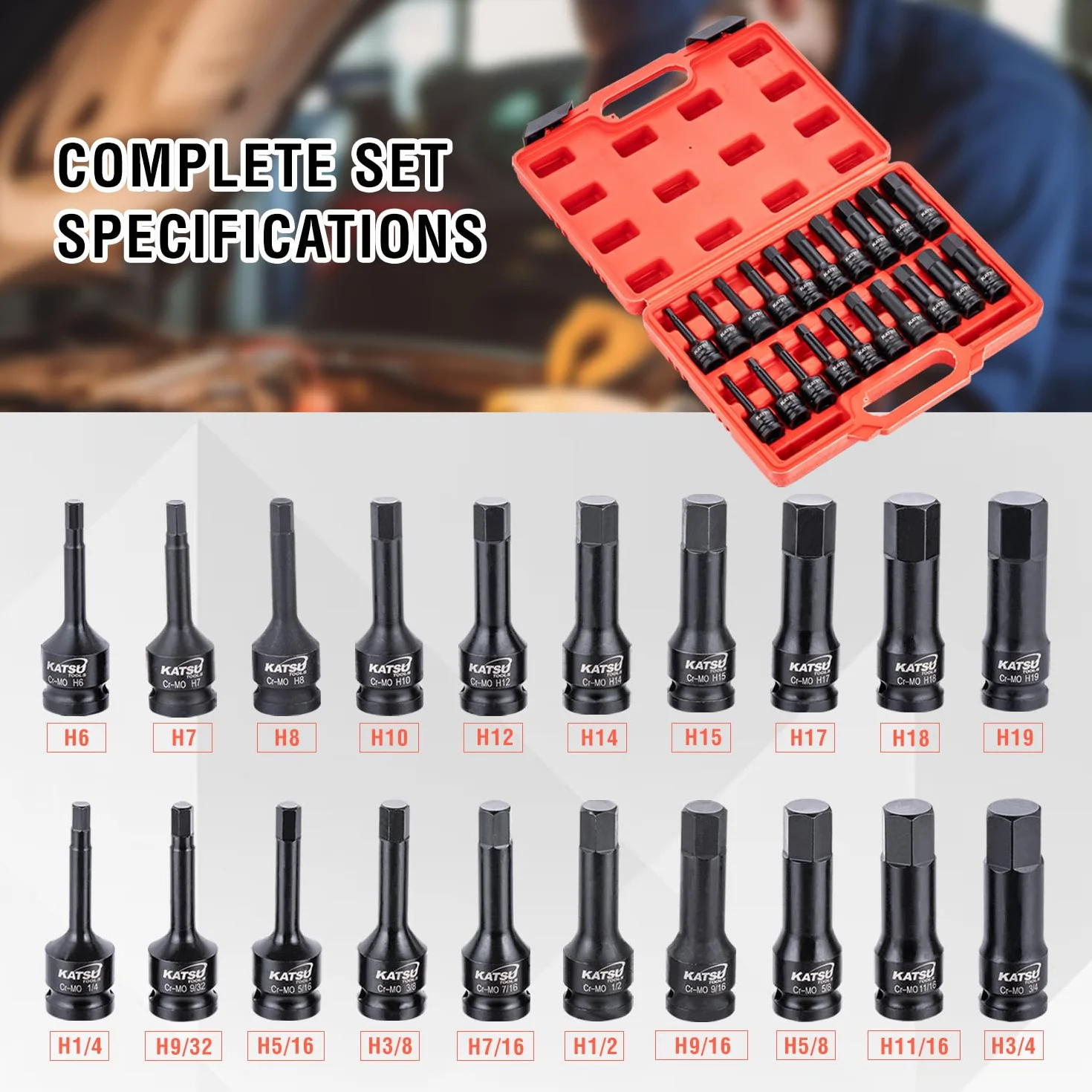 KATSU Tools Zestaw nasadek imbusowych 1/5.1 cm, 20 szt., rozmiar metryczny i imperialny, H6 - H19 i H1/10.2 cm - H3/10.2 cm, stal CR-MO, długość 78 mm 420413
