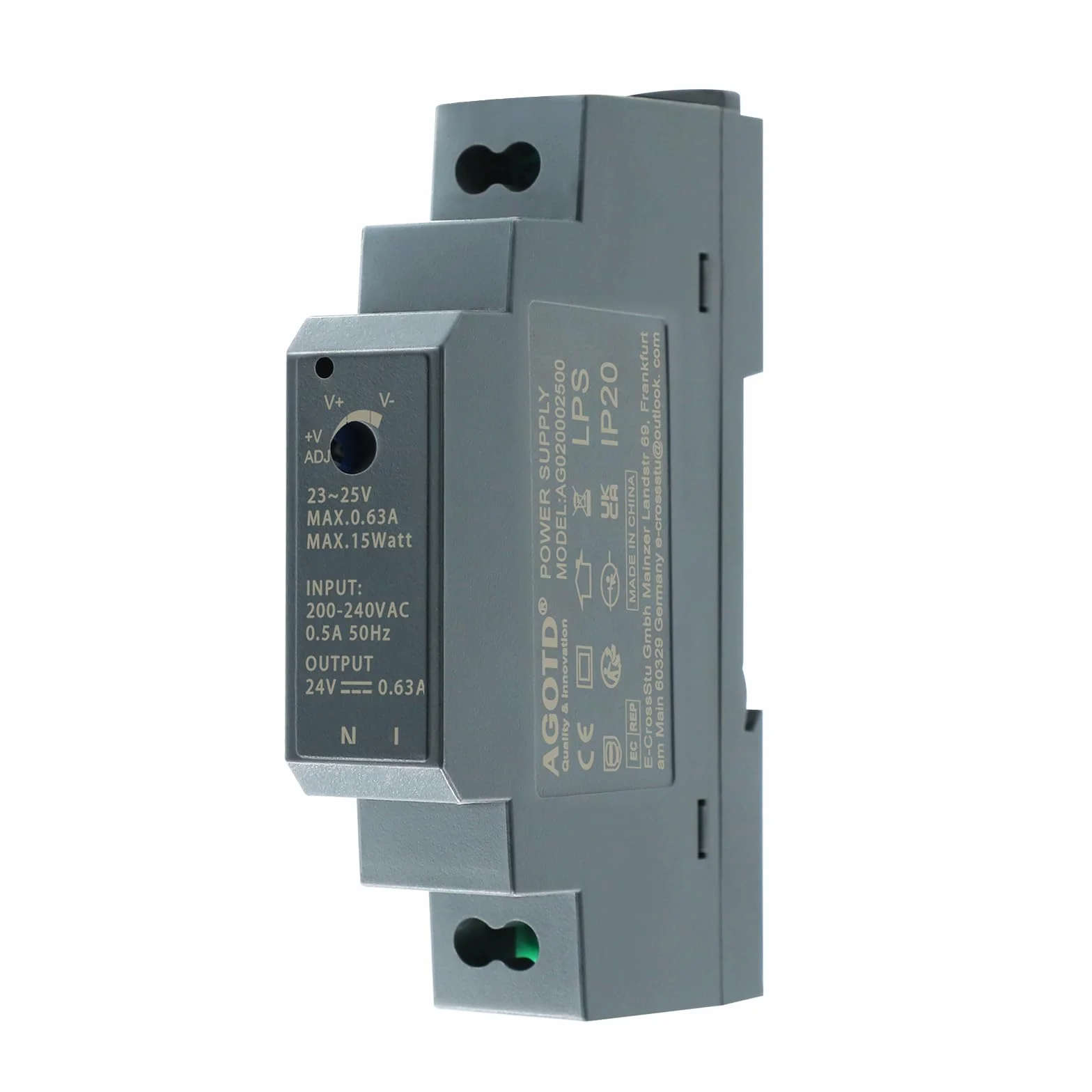 AGOTD Zasilacz sieciowy 15 W, 24 V, 0,63 A (wejście 200-240 V AC 50/60 Hz), zasilacz DIN Rail, transformator szynowy
