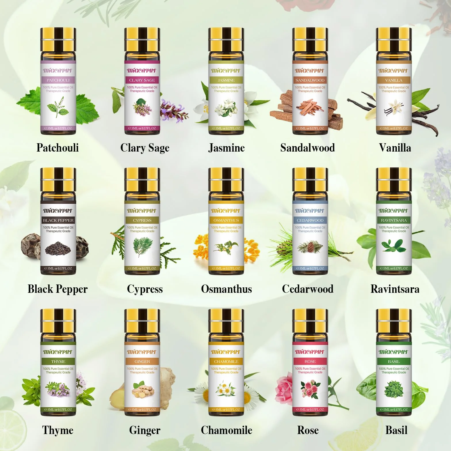 Zestaw Olejków Eterycznych 30 x 5ML, Lawenda, Drzewo Herbaciane, Mięta, Rozmaryn, Eukaliptus, Cynamon do Aromaterapii