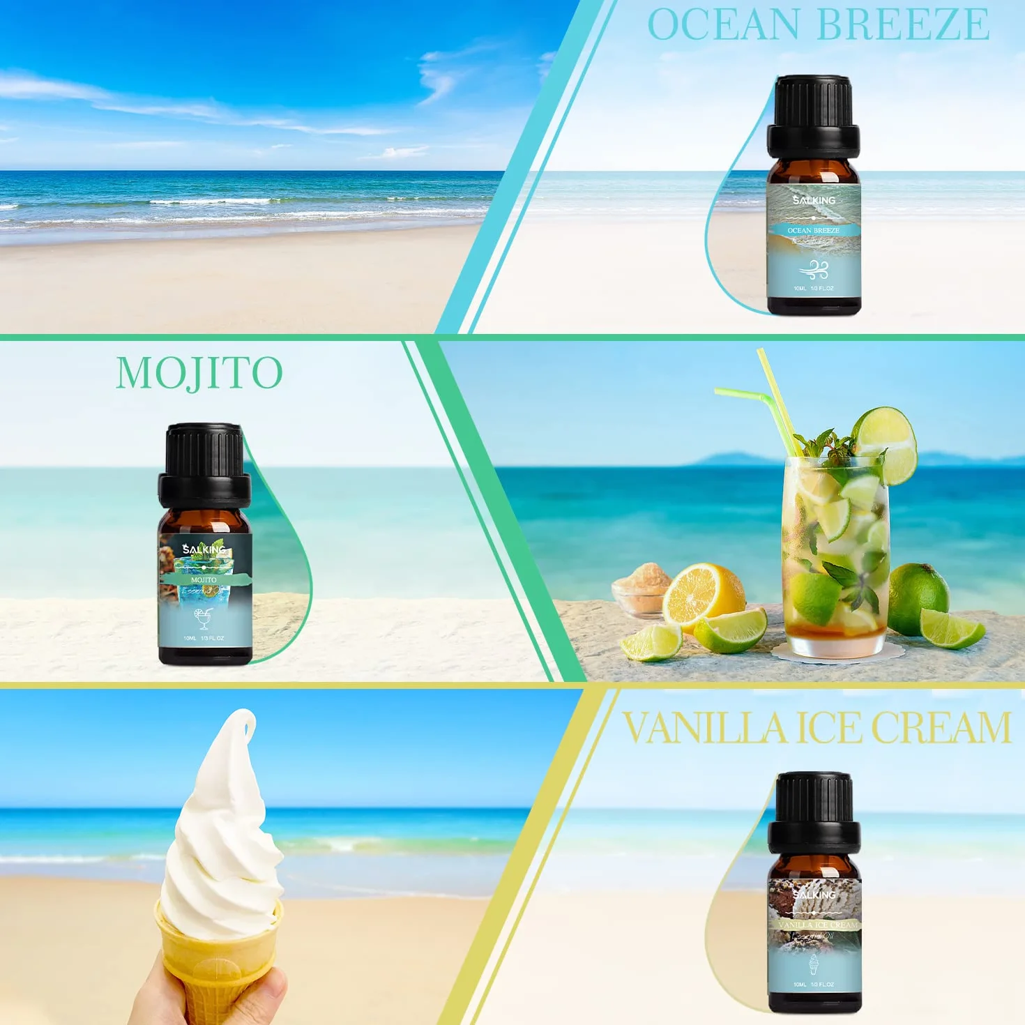 SALKING Letni zestaw olejków eterycznych, 6 x 10 ml, 100% aromaterapii, olejek zapachowy do dyfuzora, nawilżacza powietrza, masażu, kokosa, ananasa, arbuza, bryksu morskiego, mojito, lodów waniliowych