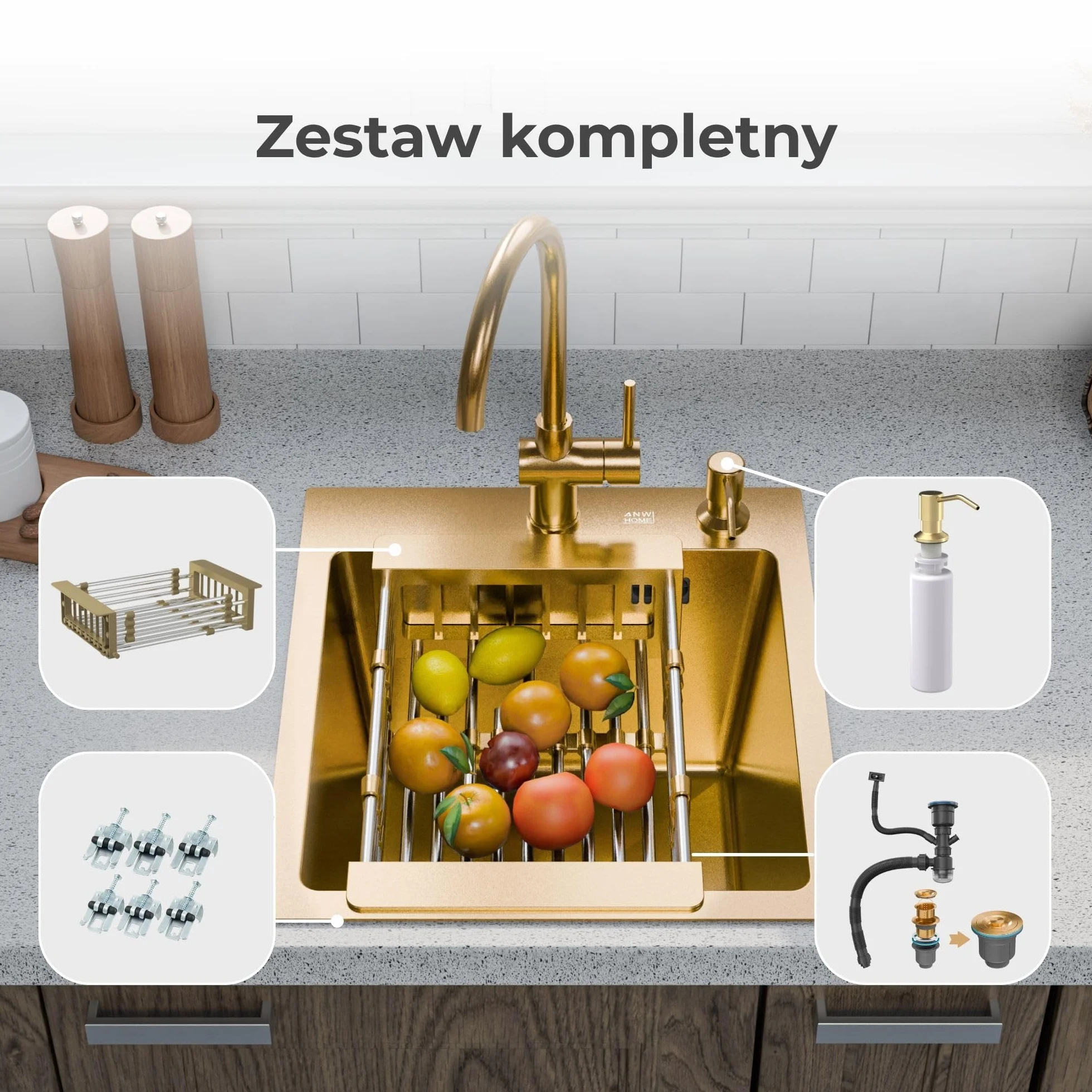 ANW HOME Zlewozmywak Kuchenny 1-komorowy 40x45 cm, Złoty PVD | Wpuszczany, Powłoka Nano, Grubość 3,0+1 mm, Głębokość 22 cm, Z Syfon, Dozownik