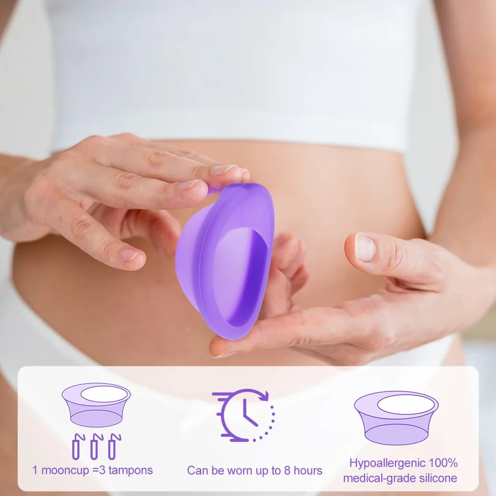 ACWOO Dyski menstruacyjne, 2 szt. dysków okresowych wielokrotnego użytku (S & L) z torbą do przechowywania, kubek płaski, silikonowy dysk księżycowy klasy medycznej, produkty higieniczne do
