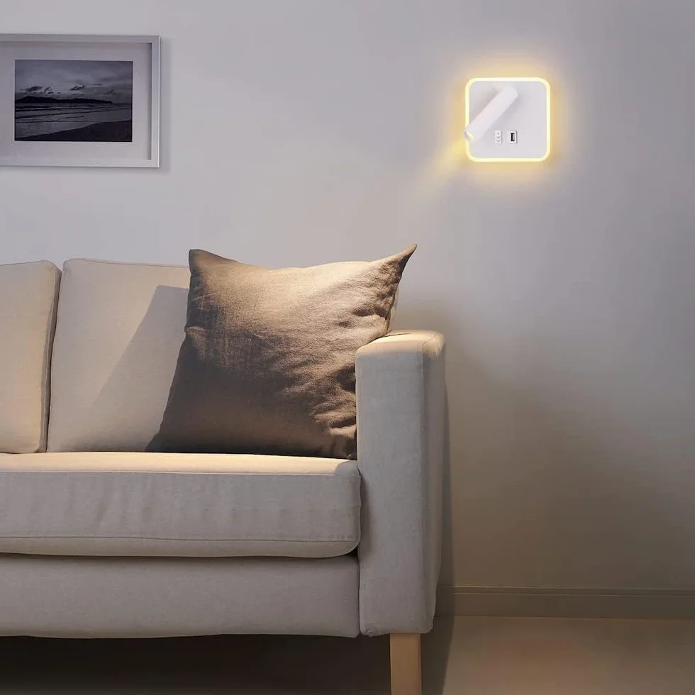 ERWEY Kinkiet LED 8 W lampka nocna do czytania Lampa ścienna z regulowanym reflektorem (3W 4000K +5 W 3000K) z portem ładowania USB (kwadrat, biały)