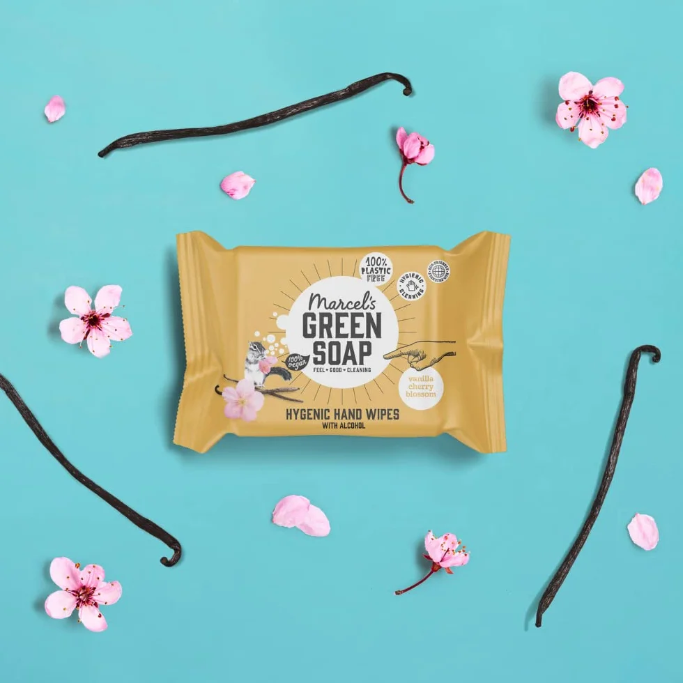 Marcel's Green Soap Higieniczne chusteczki nawilżane do rąk, opakowanie 15 sztuk, wanilia i kwiat wiśni, na bazie roślin, przyjazne dla środowiska