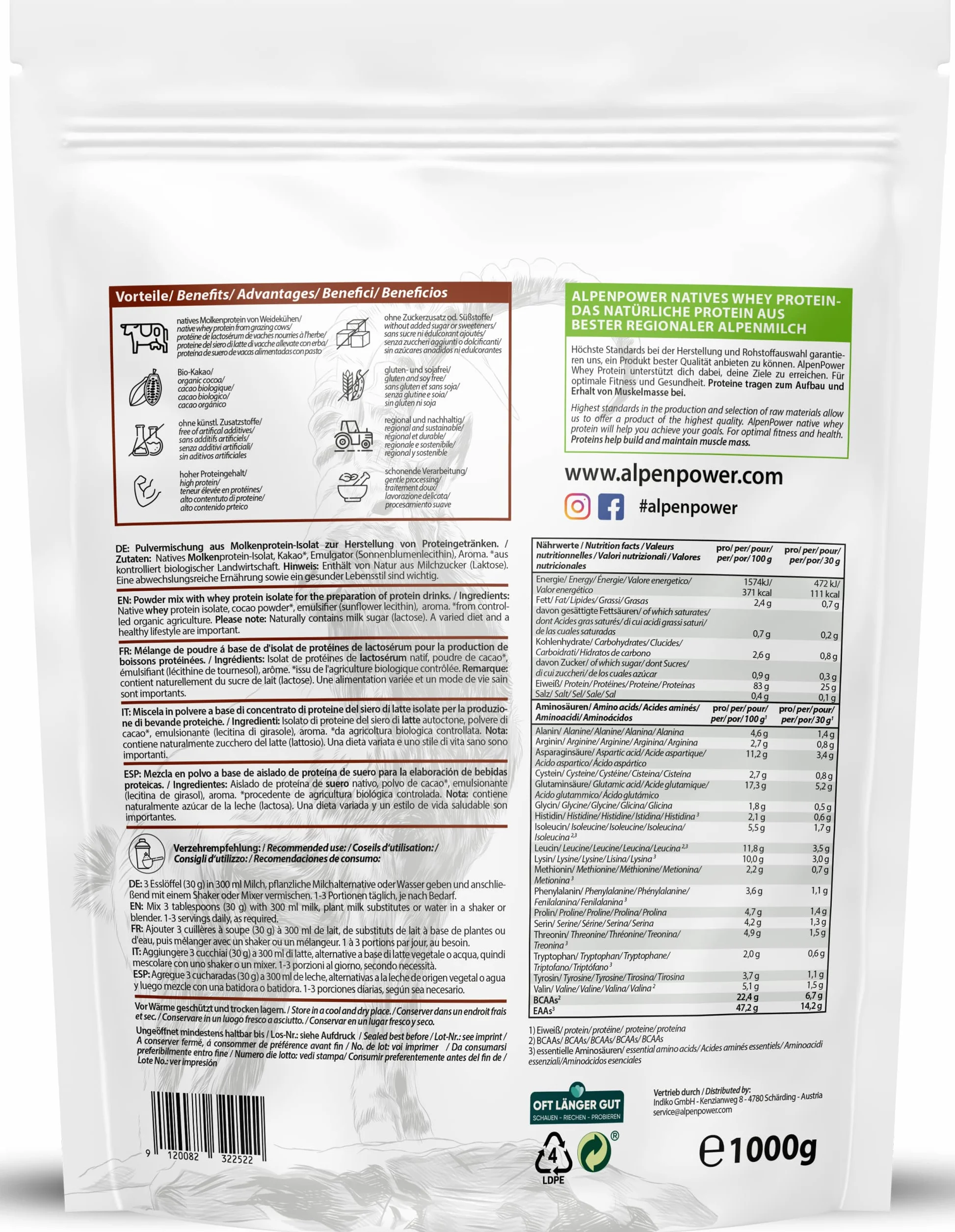 AlpenPower Whey Isolat białko w proszku czekoladowym 1 kg 100% naturalne bez substancji słodzących