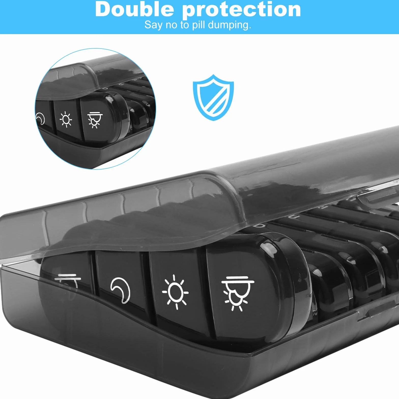 Pudełko na tabletki, 7 dni, 28 przegródek, bez BPA, z czarnym etui i mini szczotką, pudełko na tabletki 7 dni rano w południe, wieczorem, duże przegródki, pudełko na suplement do podróży i na co dzień