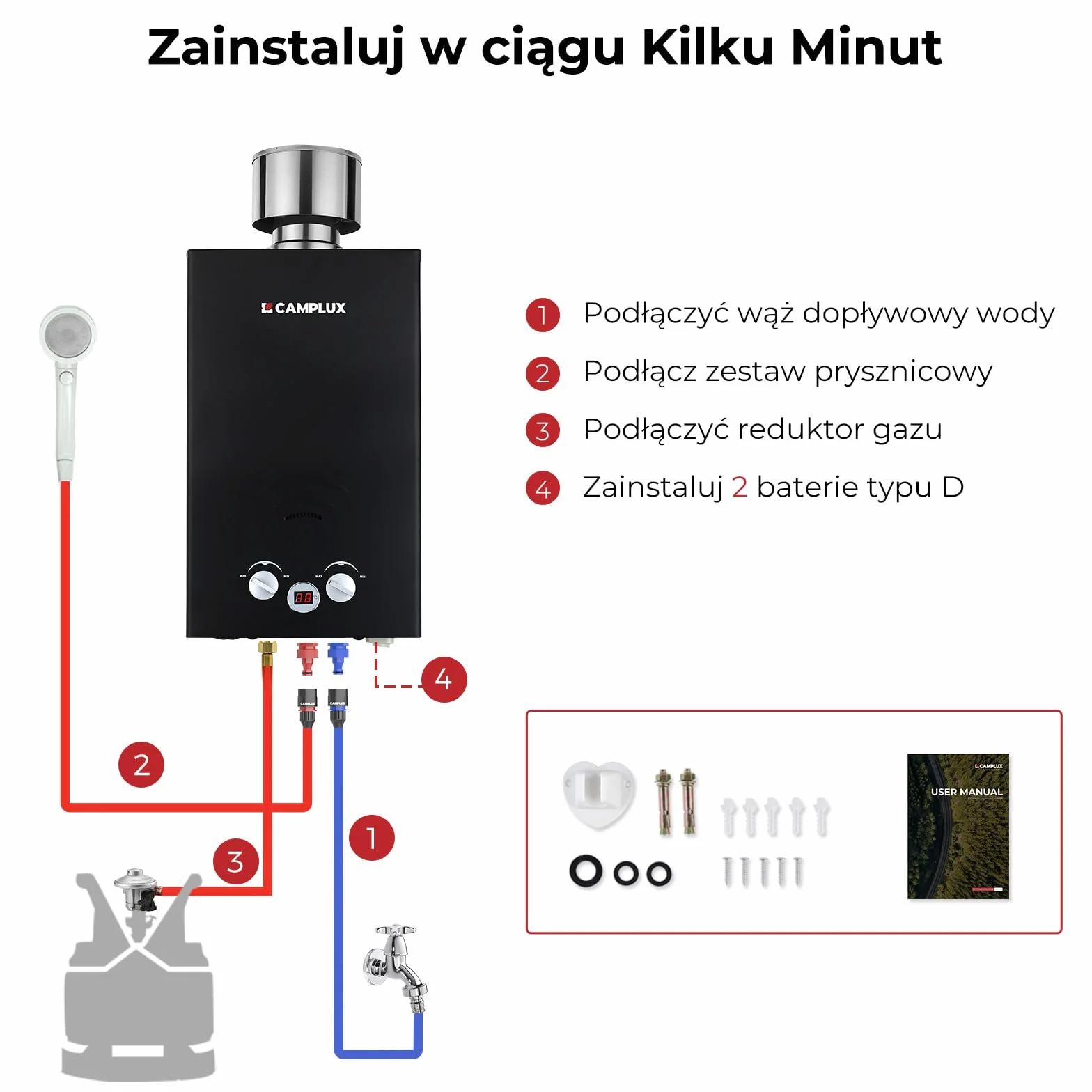 Camplux BW264BC 10L gazowy podgrzewacz wody z pokrywą przeciwdeszczową, certyfikat CE GAR, do użytku na kempingu, w kamperze, myciu koni