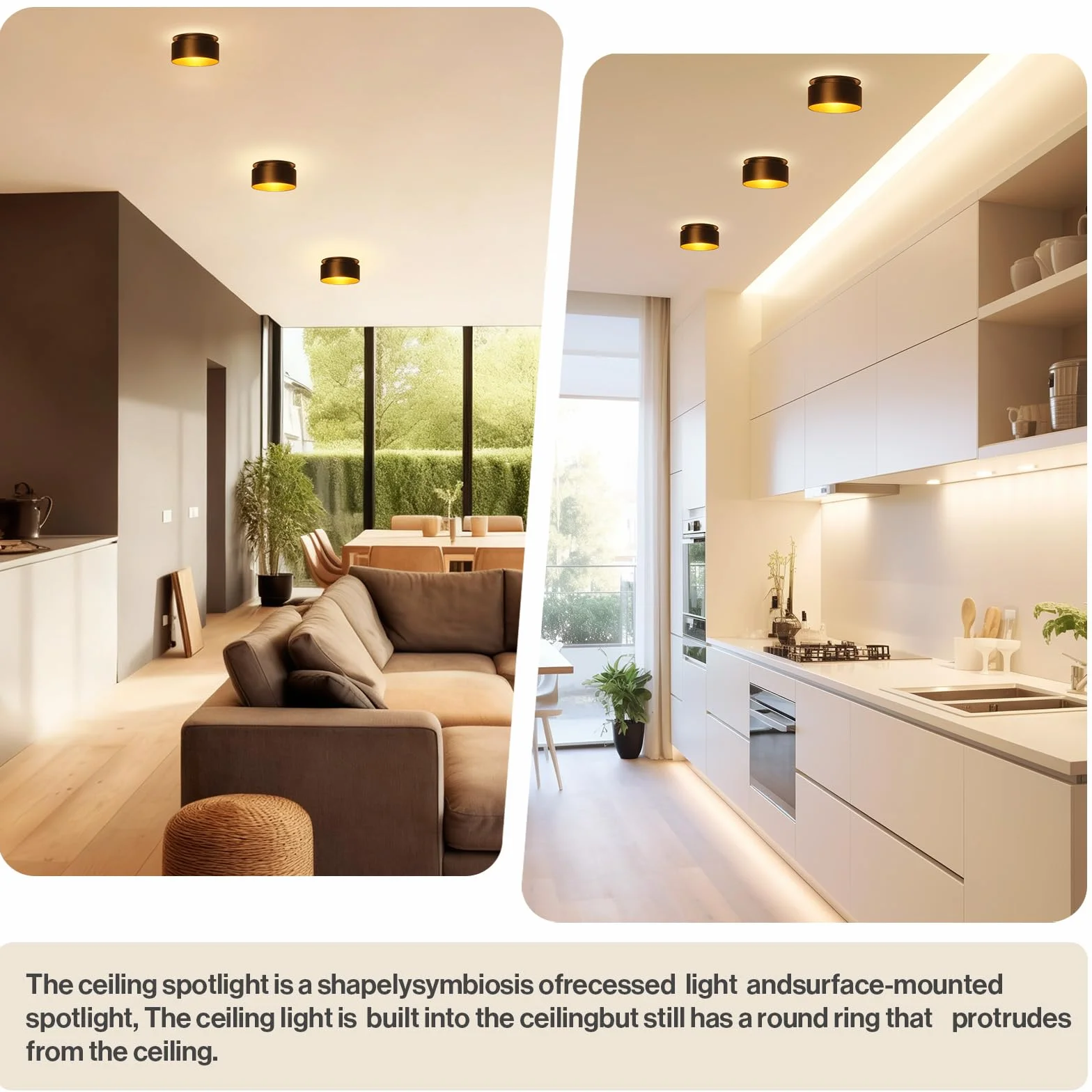 KYOTECH Oświetlenie sufitowe LED, zestaw 4 czarno-złotych wpuszczanych diod LED, możliwość ściemniania, 3000 K-6500K, ciepła biel 500 lm, otwór 65-68 mm, do kuchni, sypialni, salonu