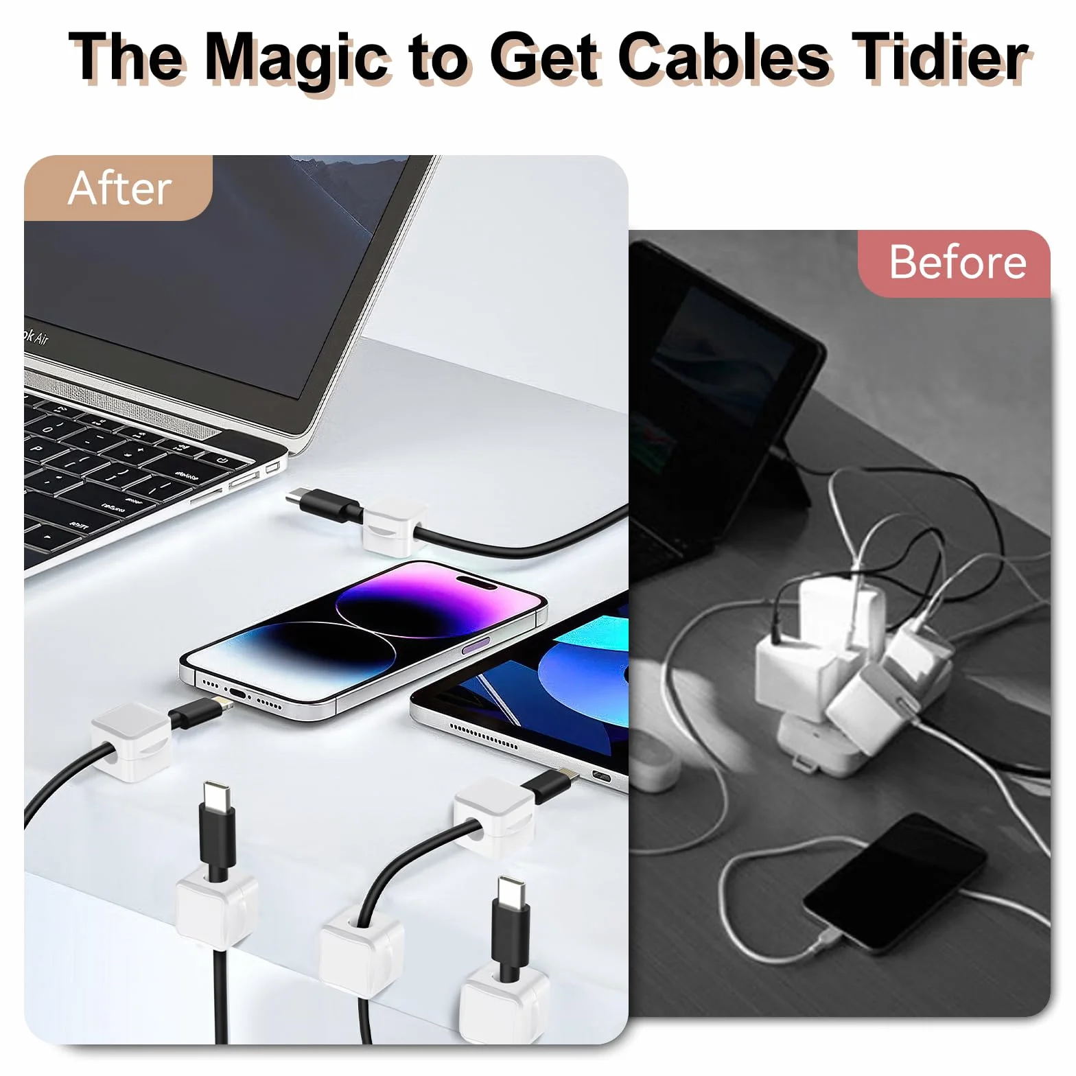 TiMOVO Magnetic Cable Clips, 8 Pack Cable Cord Organizer with Strong Adhesive under Desk Cable Management, Small Mini Wire Holder Keeper Organizer for Home Office Desk Kitchen Car Nightstand, White