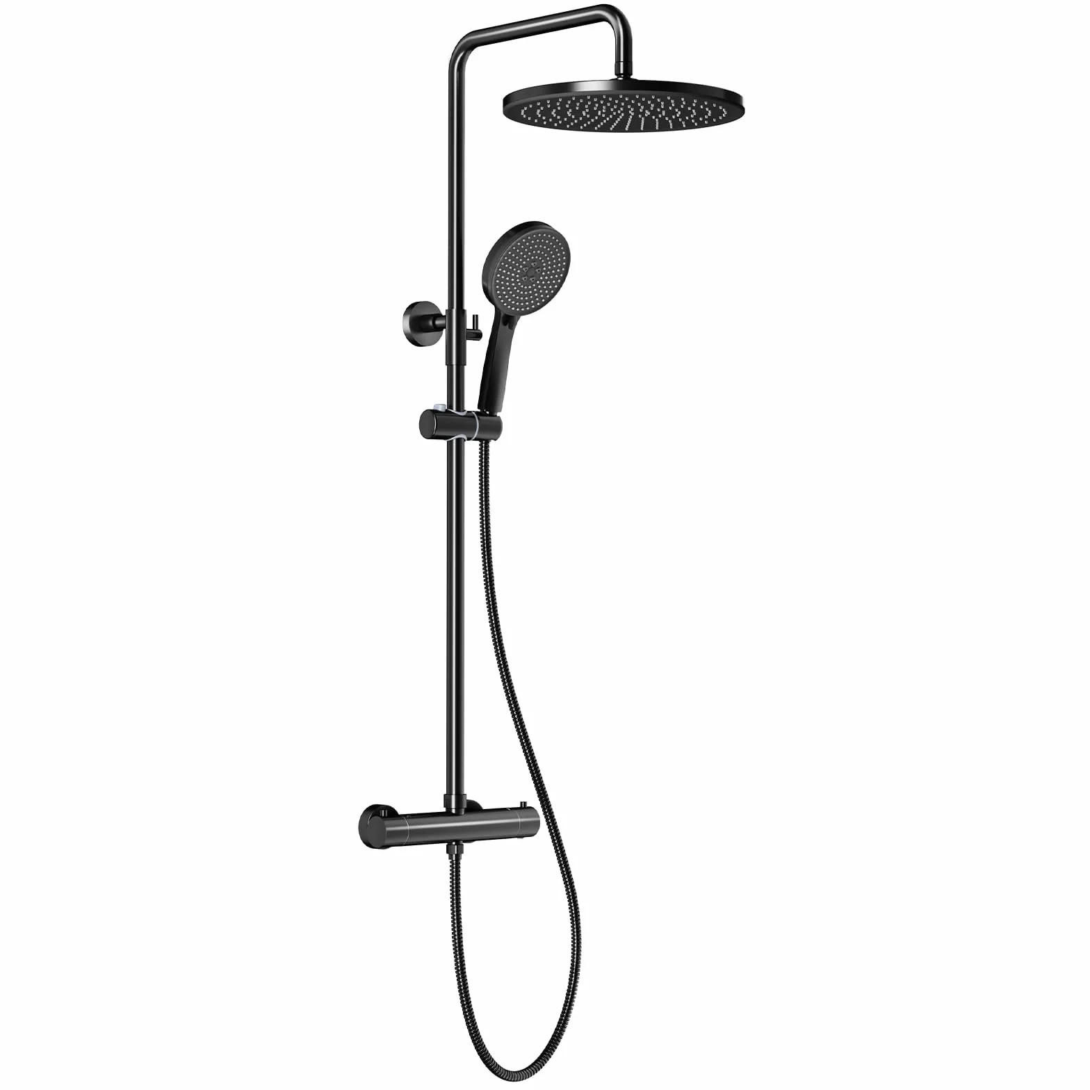 Rainsworth System prysznicowy z termostatem, Ø 30 cm, okrągły, deszczownica, zestaw prysznicowy oszczędzający wodę, 5 rodzajów strumienia, 92-126 cm, drążek prysznicowy Rainforest, kompletny zestaw do