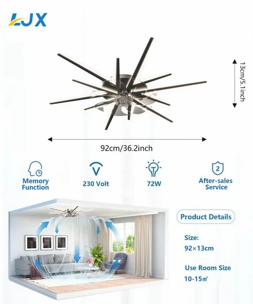 LJX Inteligentny wentylator sufitowy ze światłem, 91 cm, współpracuje z Alexa DC, ściemniany wentylator LED z pilotem zdalnego sterowania, 2,4 G, WiFi, cichy, odwracalny, nowoczesny design, do