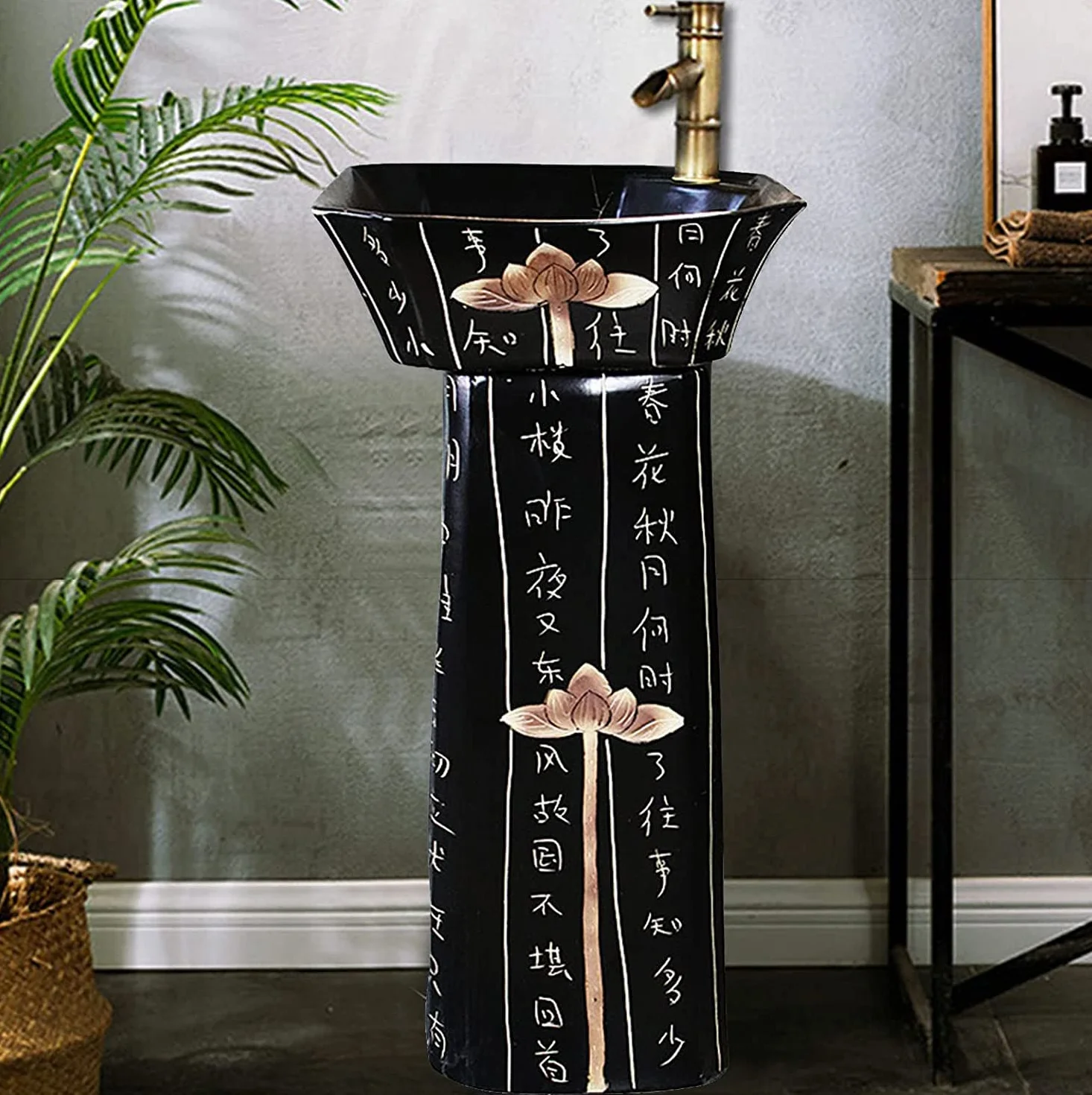 Wolnostojąca umywalka łazienkowa na cokole Art Hotel Home Nowoczesna ceramiczna umywalka łazienkowa z pełnym cokołem i otworem na kran, porcelana (rozmiar A)