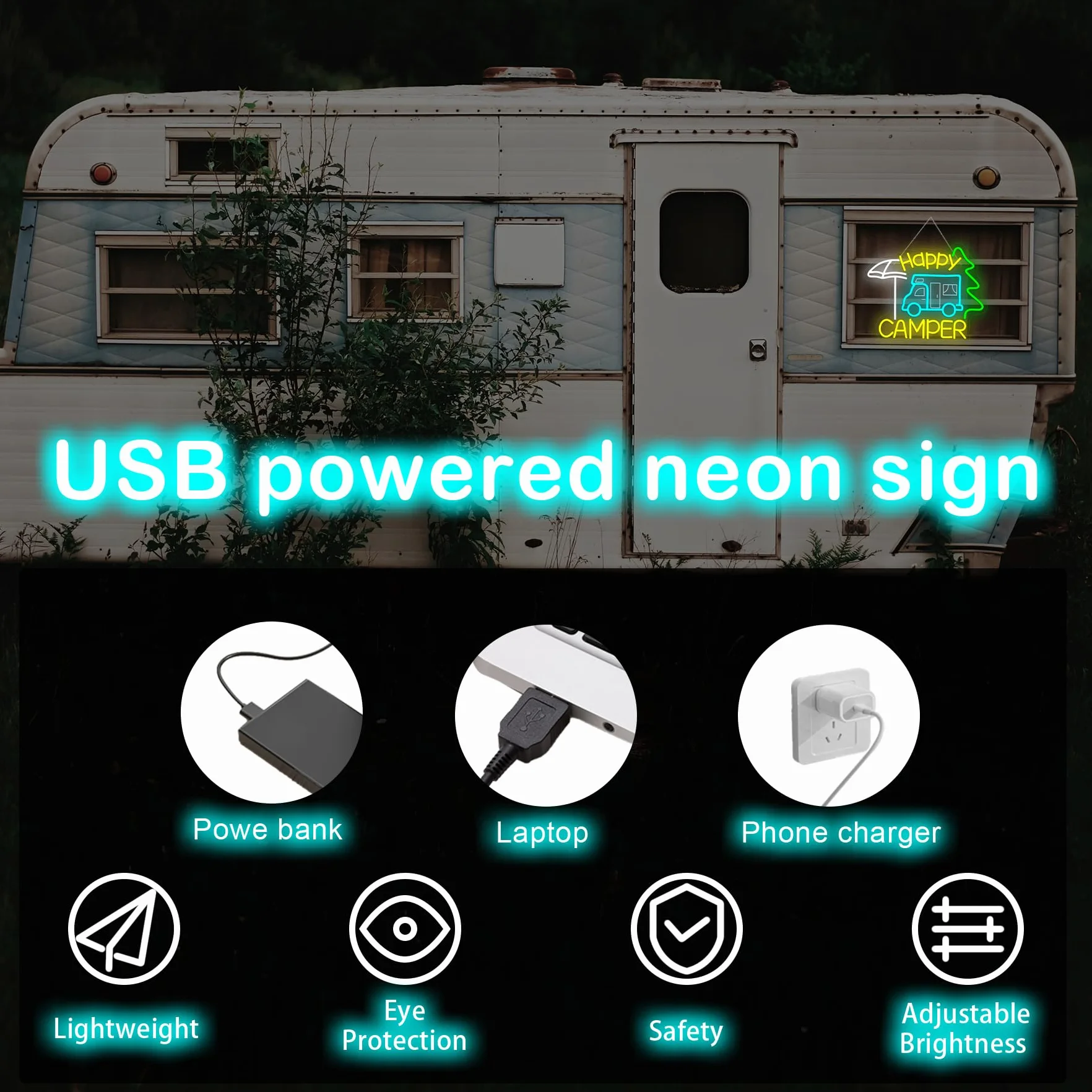 Szyld neonowy Happy Camper LED napis do kamperów reklama świetlna dekoracja kemping ogród