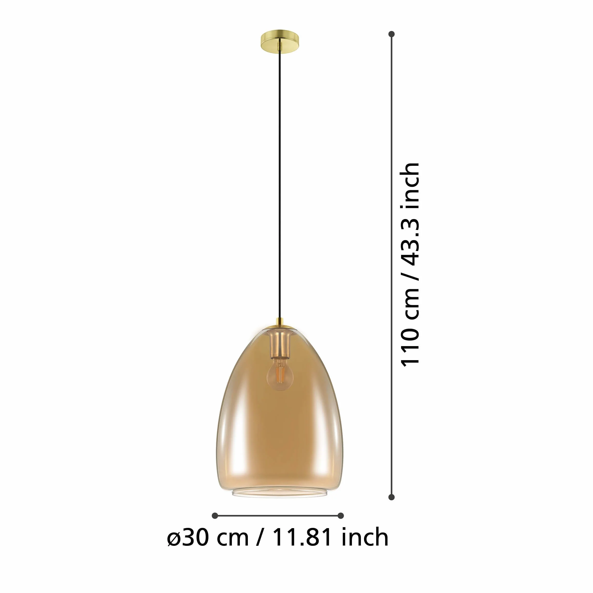 EGLO lampa wisząca Alobrase, lampka wisząca do jadalni | oświetlenie z metalu w kolorze szczotkowanego mosiądzu i szkła parzonego w kolorze bursztynowym, oprawka E27, Ø 30 cm