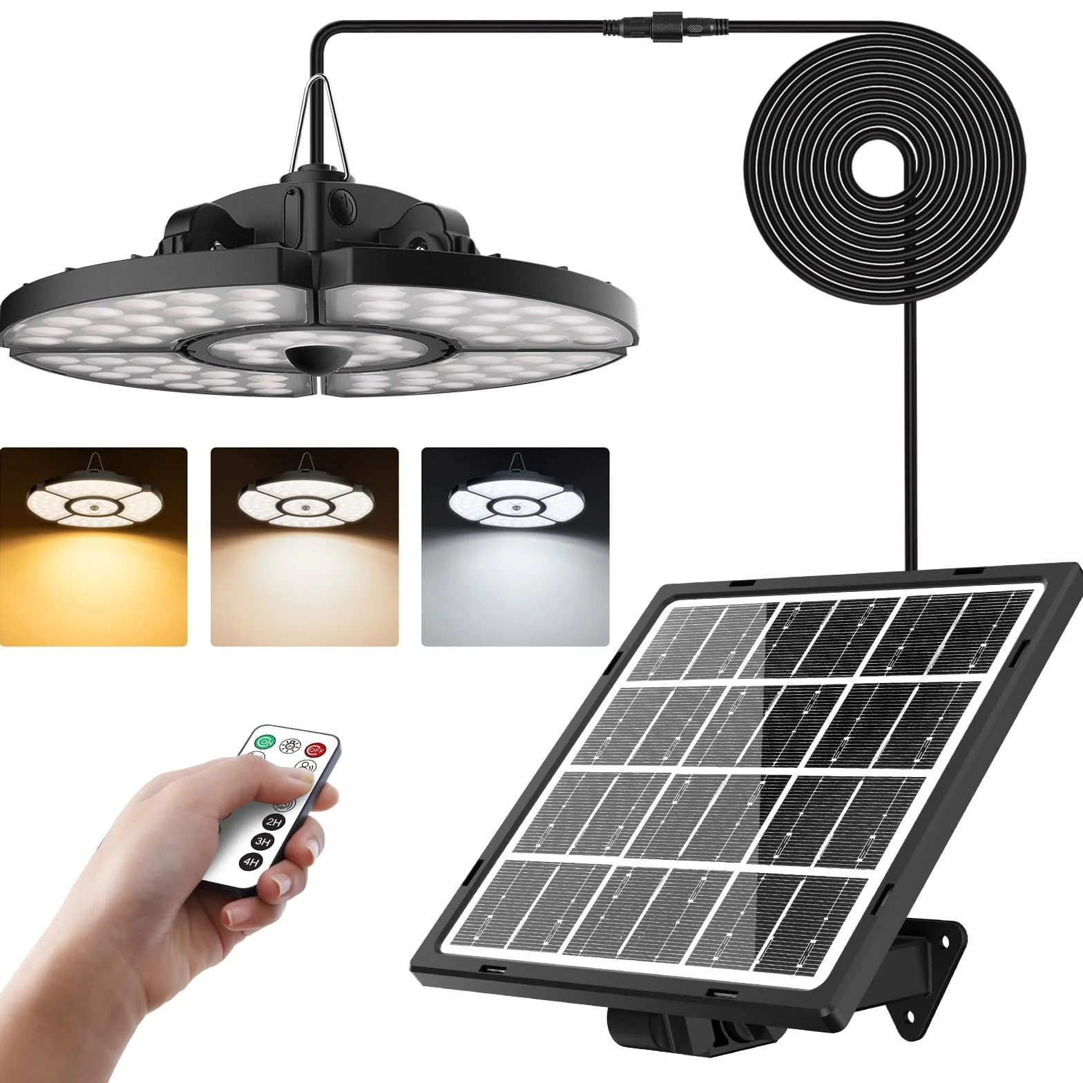 CLV Solarne lampy wiszące do użytku na zewnątrz, do wnętrz, 5000 MHA, 6 trybów, lampa wisząca z pilotem zdalnego sterowania, 2700 K/4000 K/6500 K, możliwość ściemniania, 4 zdeformowane głowice, super