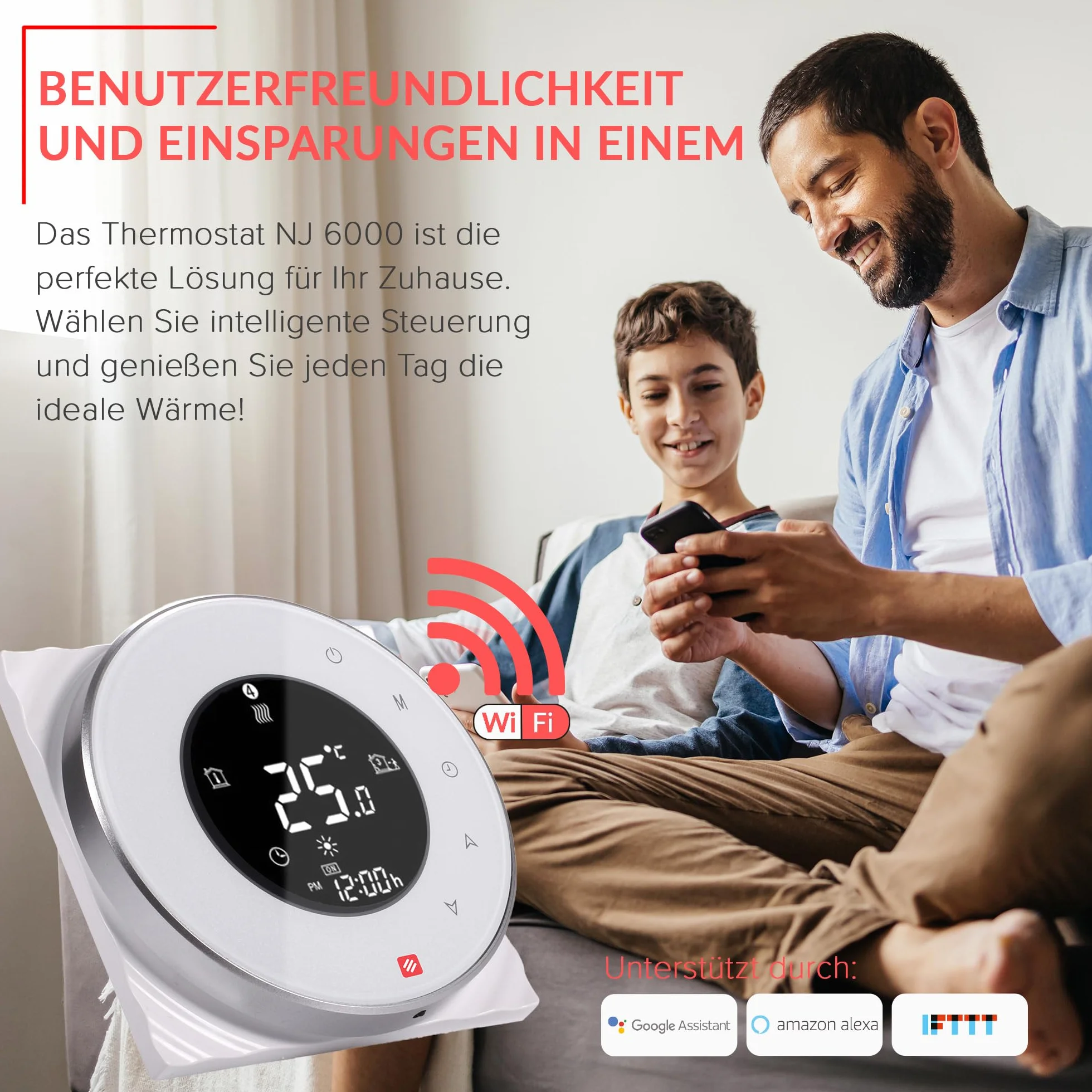 DREAM HEAT Inteligentny termostat, okrągły wyświetlacz dotykowy, sterowanie Wi-Fi, programowalne tryby, kompatybilny z Amazon Echo, Google Home