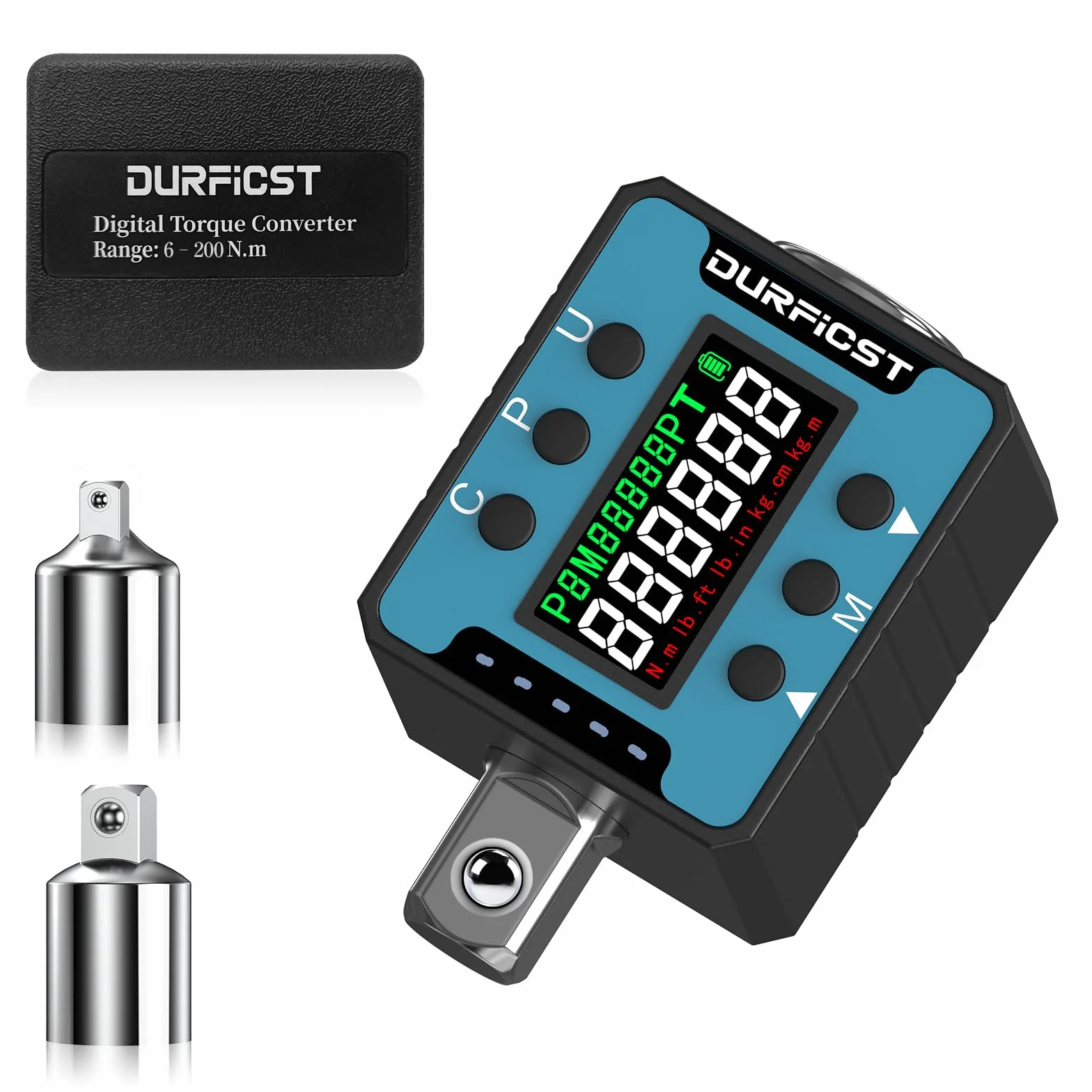 DURFICST Cyfrowy klucz dynamometryczny, 1/2" adapter momentu obrotowego z alarmem dźwiękowym i świetlnym, zakres 6-200 Nm, odpowiedni do samochodów, rowerów