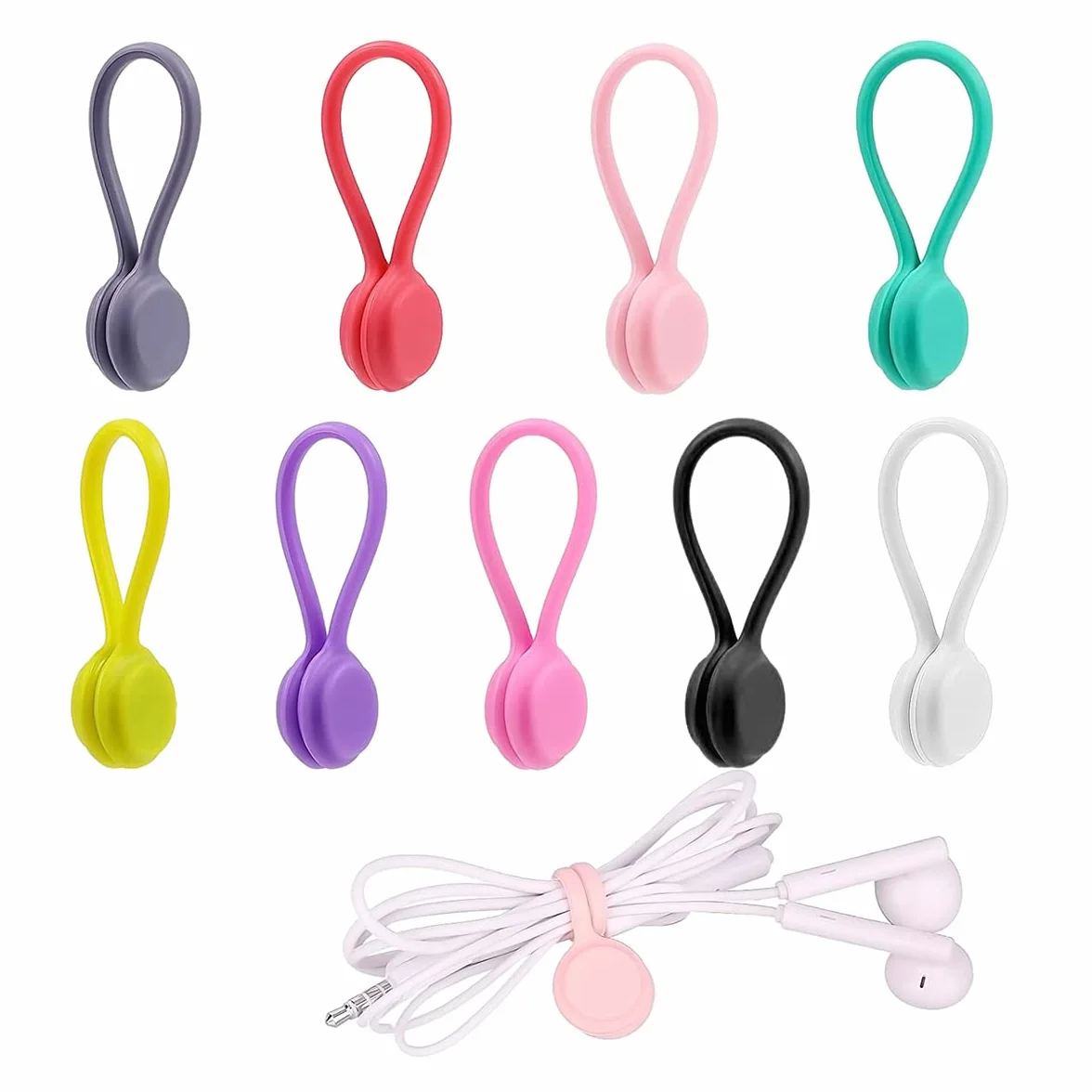 Organizer na kable magnetyczne, 9 szt., silikonowy uchwyt na kable wielokrotnego użytku, kolorowy klips do zarządzania kablami, klipsy do kabli, klipsy do kabli słuchawkowych, kabli USB i kabli do