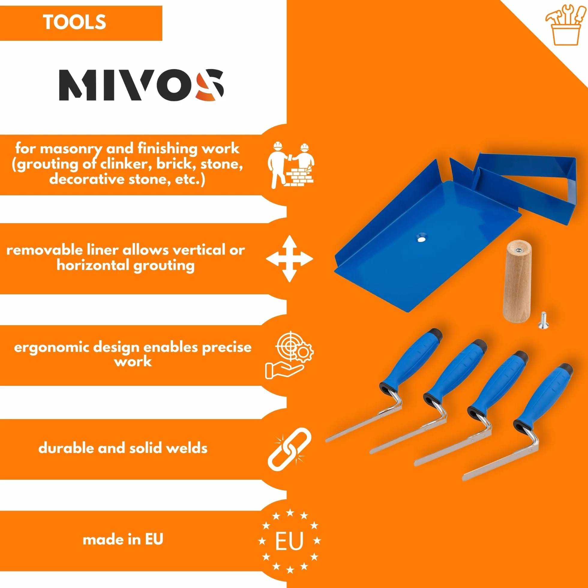 MIVOS Przyrząd do spoinowania ze stali nierdzewnej - płytka do spoinowania z uchwytem z drewna bukowego + 4 x kielnie do fugowania - szerokość 8 10 12 14 mm - zestaw kielni do fugowania