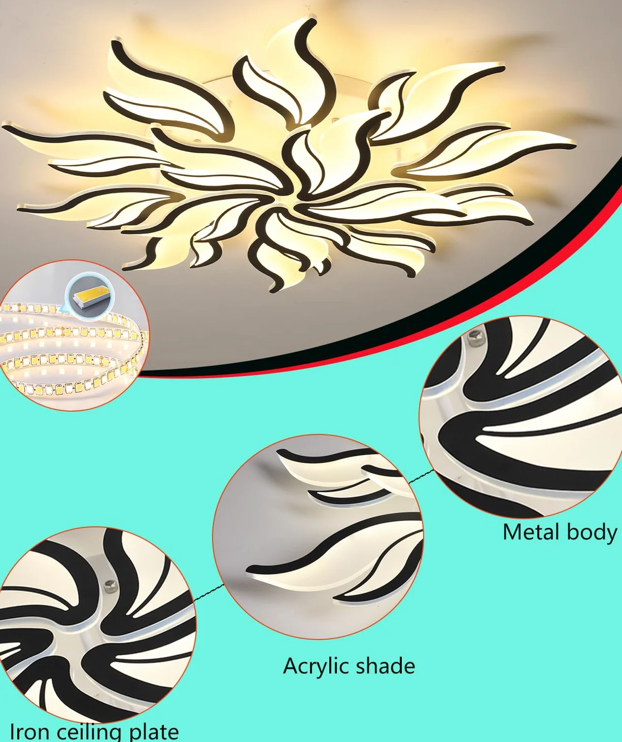 0W ściemnialna lampa sufitowa LED z pilotem zdalnego sterowania,czarna lampa sufitowa,nowoczesna oprawa oświetleniowa z 15 głowicami akrylowymi,100 cm,do salonu,sypialni,restauracji (Czarny, Φ100cm)