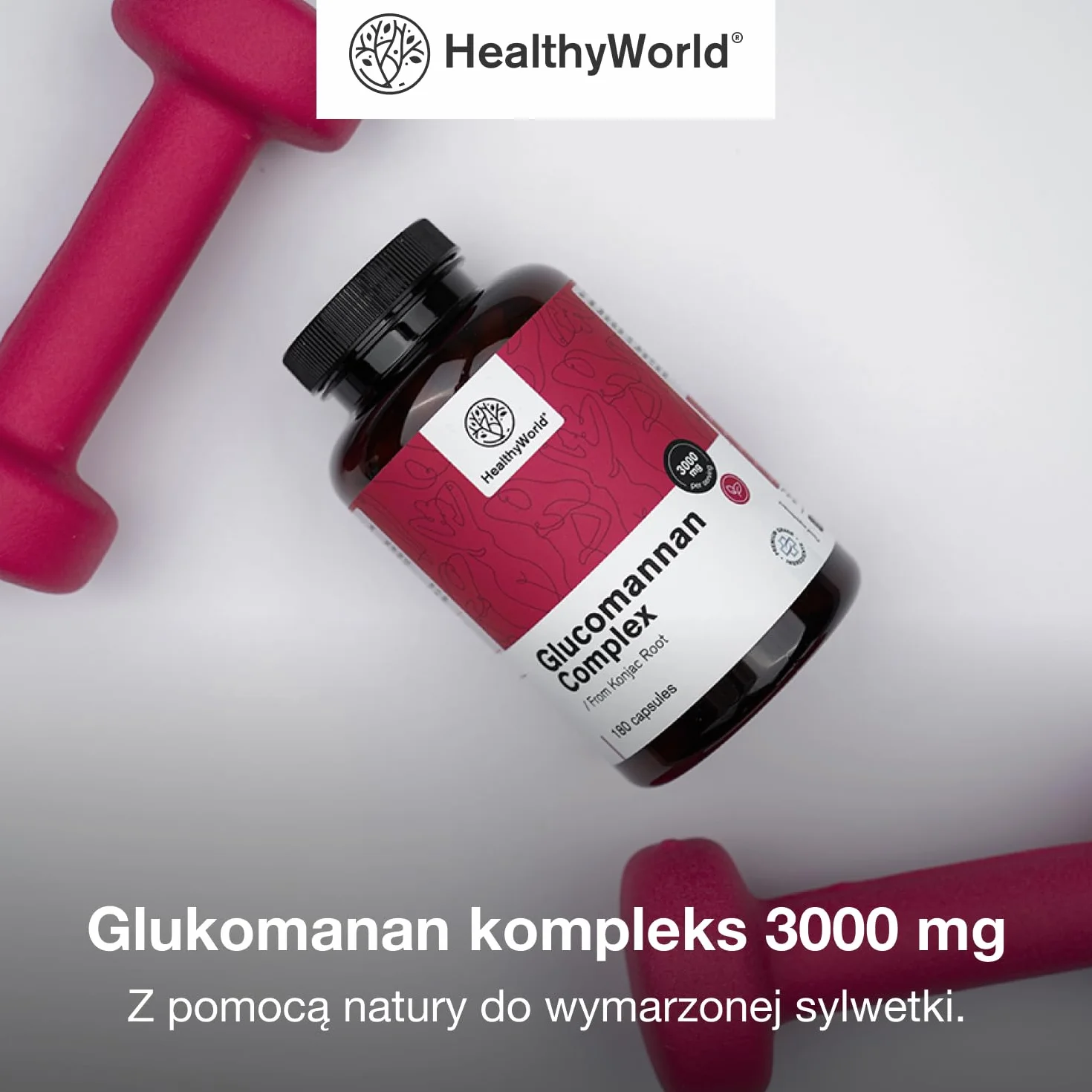 HealthyWorld Glukomanan kompleks 3000 mg – Z Korzenia Konjac - 180 kapsułek - Wsparcie w Odchudzaniu - Z dodatkiem Choliny, Chromu, Witaminami D3 i B3 - Wolny od GMO - 1-miesięczny Zapas