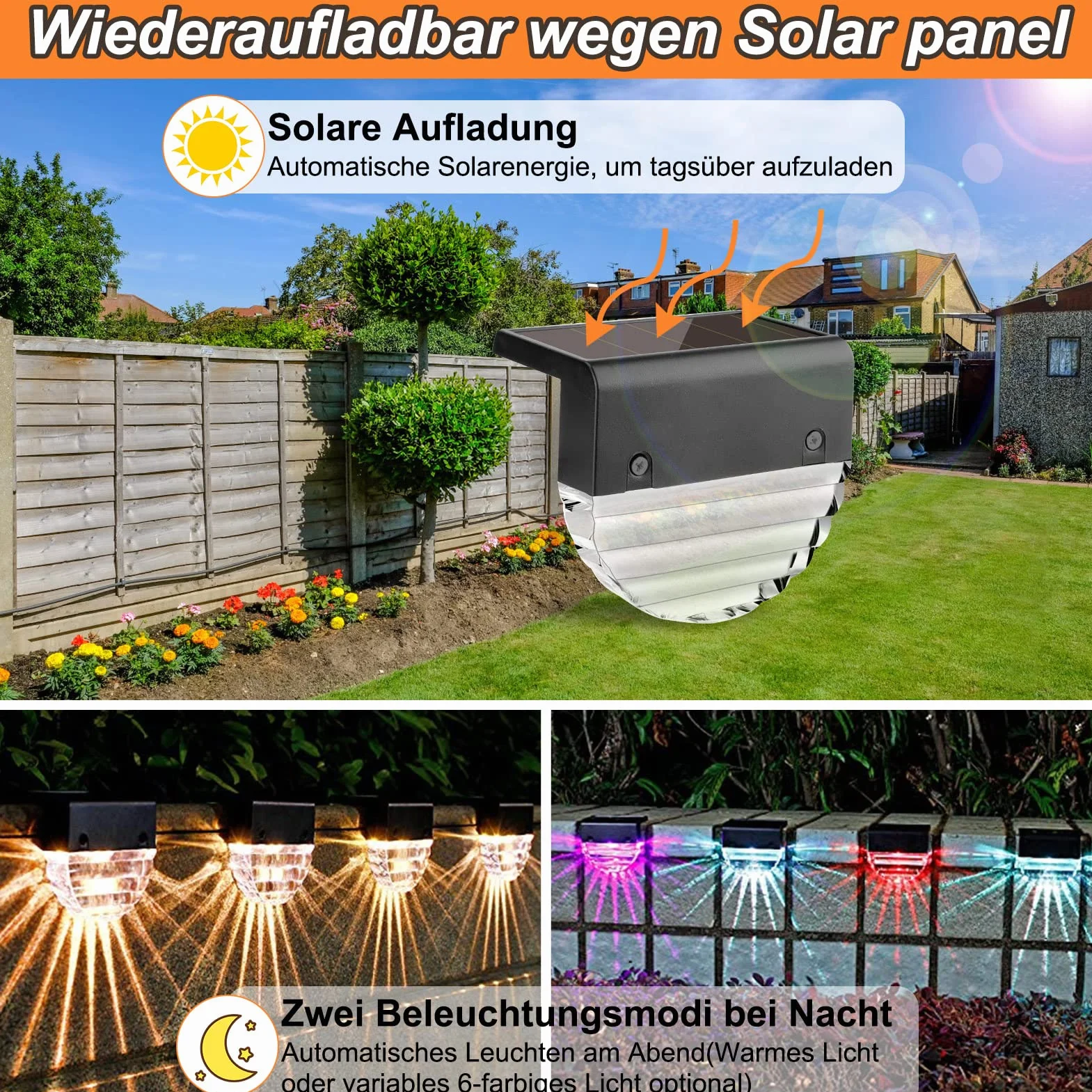Fuqiduo Lampy solarne na zewnątrz IP65 wodoszczelne 2 tryby ciepła biel zmiana koloru ścienna 6 sztuk