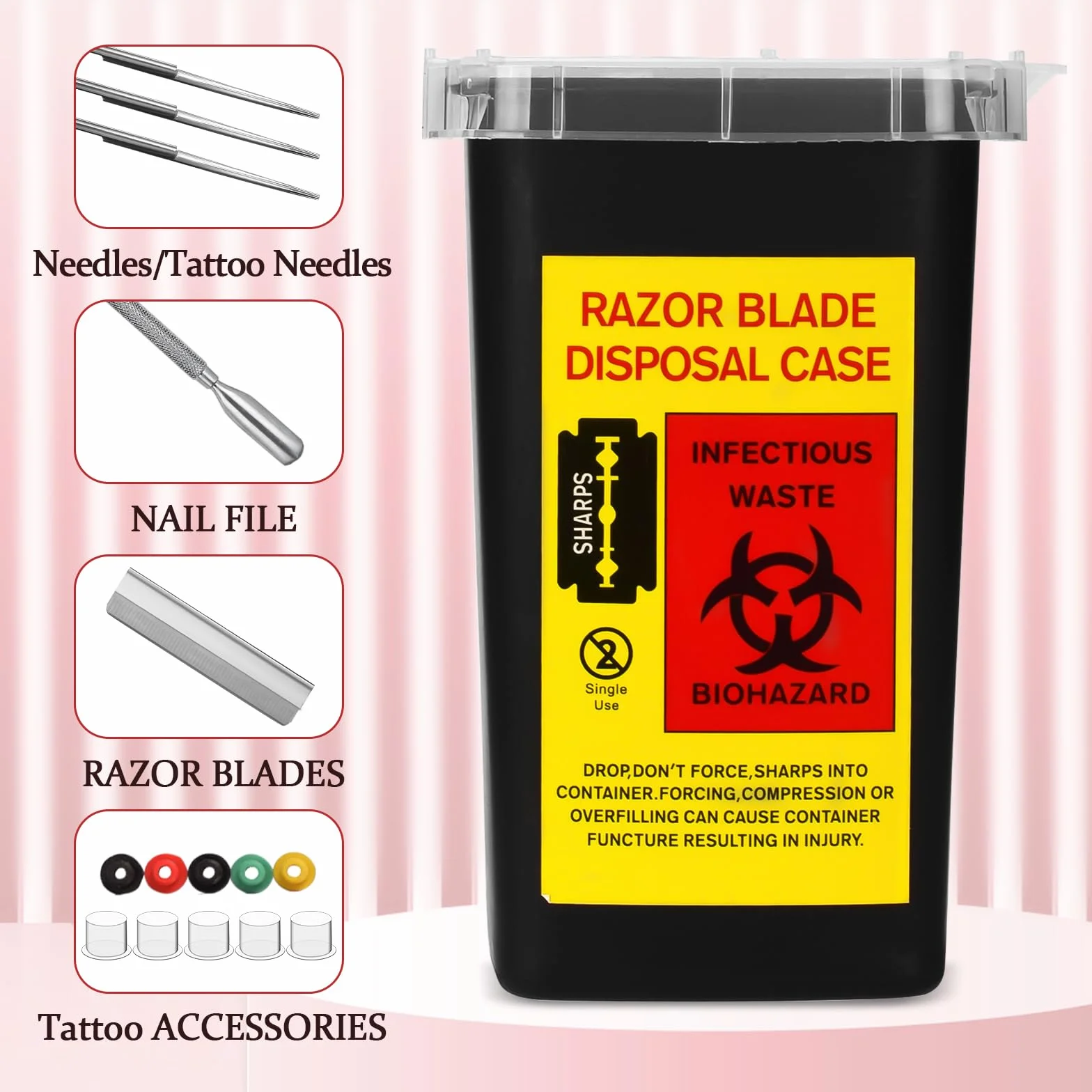 ATOMUS 2 szt. 1 l Black Tattoo Plastic Sharp Container Box Sharps Containers Needle Destruction Waste Bin Needle Disposal Bin with Lid for Tattoo Eyebrow Blade