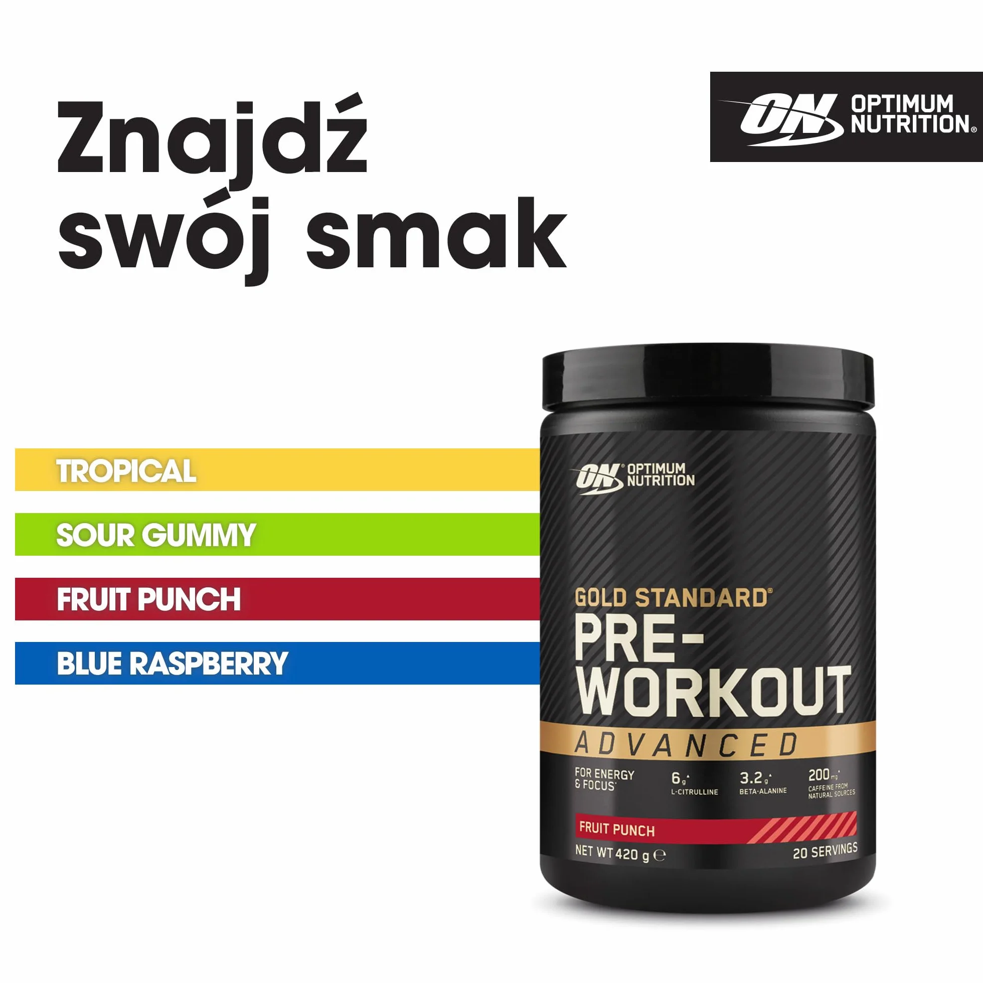 Optimum Nutrition Gold Standard przedtreningowa odżywka energetyczna monohydrat kreatyny beta-alanina kofeina wit. B12 B6 Fruit Punch 420 g