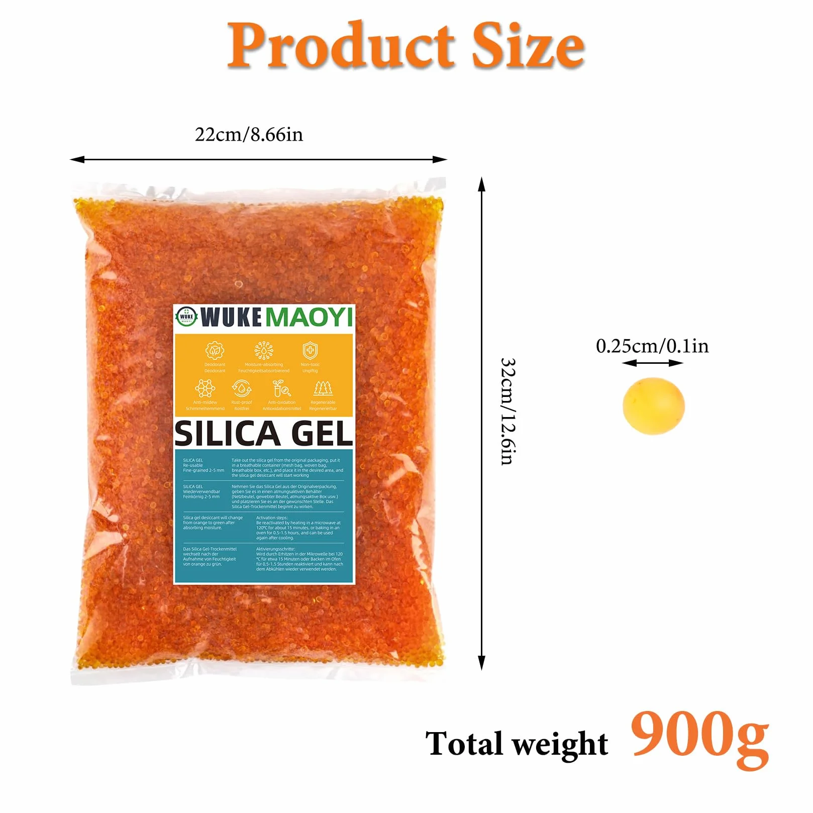 900 g żel krzemionkowy wielokrotnego użytku, worek z żelu krzemionkowego, środek osuszający, kulki krzemionkowe, żel krzemionkowy do przechowywania ubrań, urządzeń, osuszaczy samochodowych, ze