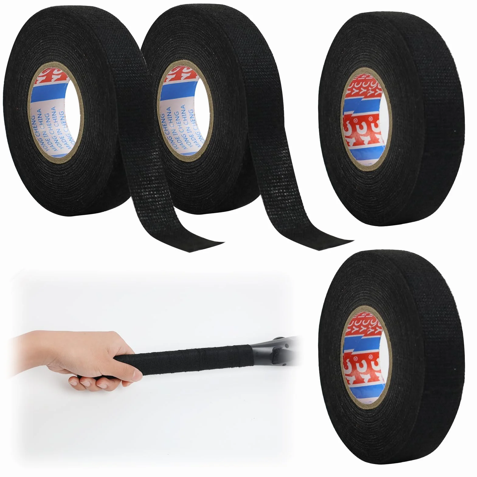 4 rolki taśmy izolacyjnej odpornej na wysokie temperatury, 19 mm x 15 m, czarna, wysokiej jakości taśma z tkaniny do wiązek przewodów, ognioodporna, idealna do gospodarstwa domowego, samochodu